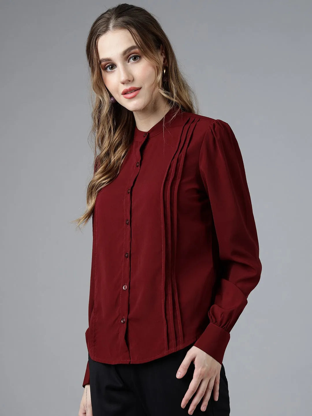 Women Formal Pleated Regular Fit Shirt - Maroon - ModaLady