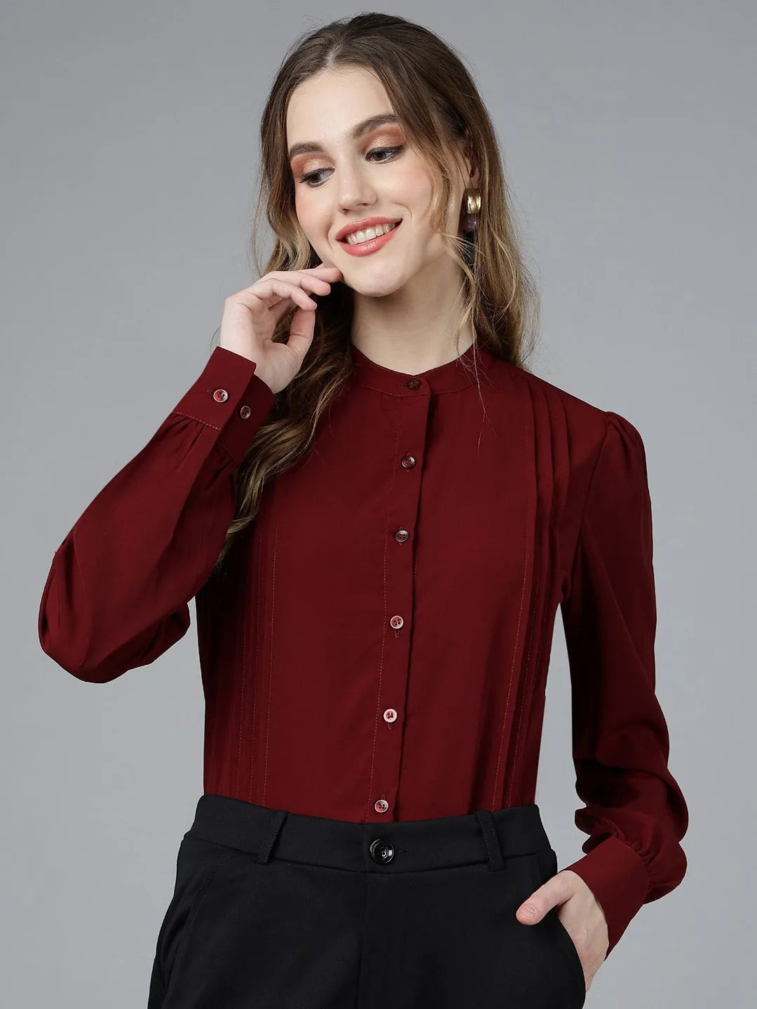 Women Formal Pleated Regular Fit Shirt - Maroon - ModaLady