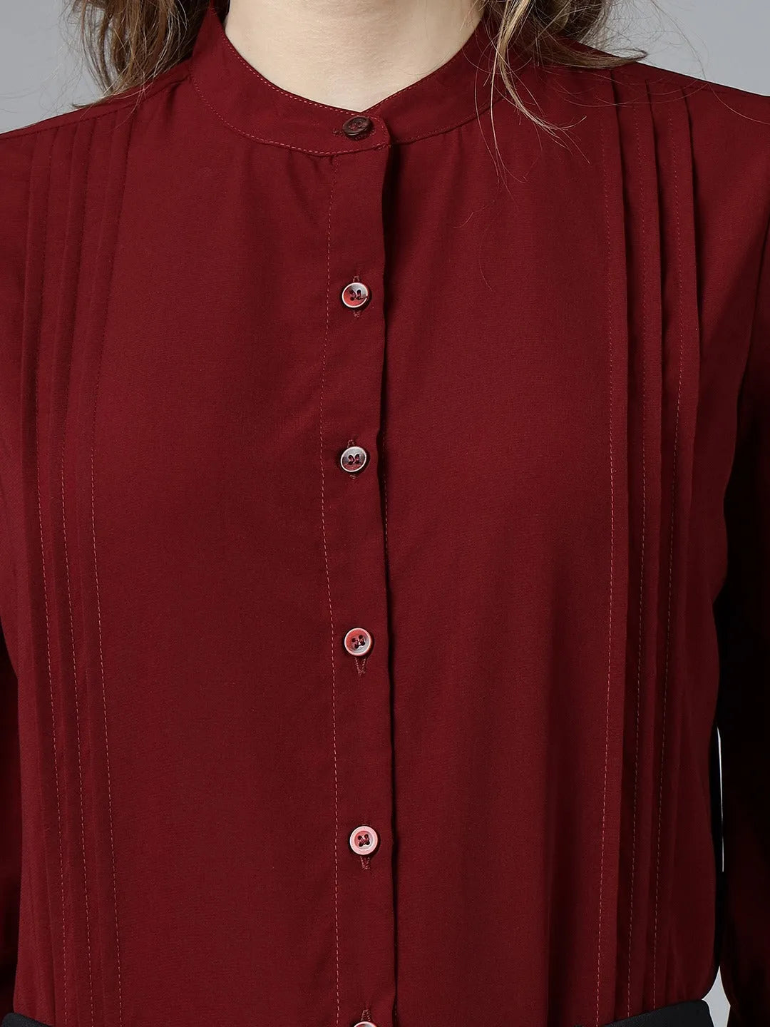 Women Formal Pleated Regular Fit Shirt - Maroon - ModaLady