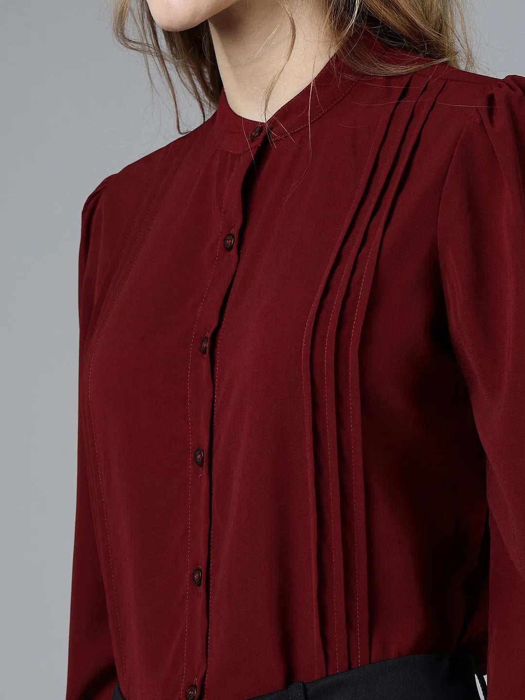 Women Formal Pleated Regular Fit Shirt - Maroon - ModaLady