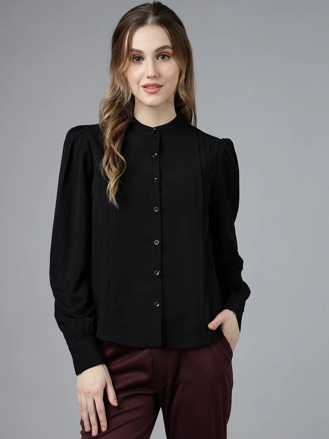 Women Formal Pleated Regular Fit Shirt - Black - ModaLady