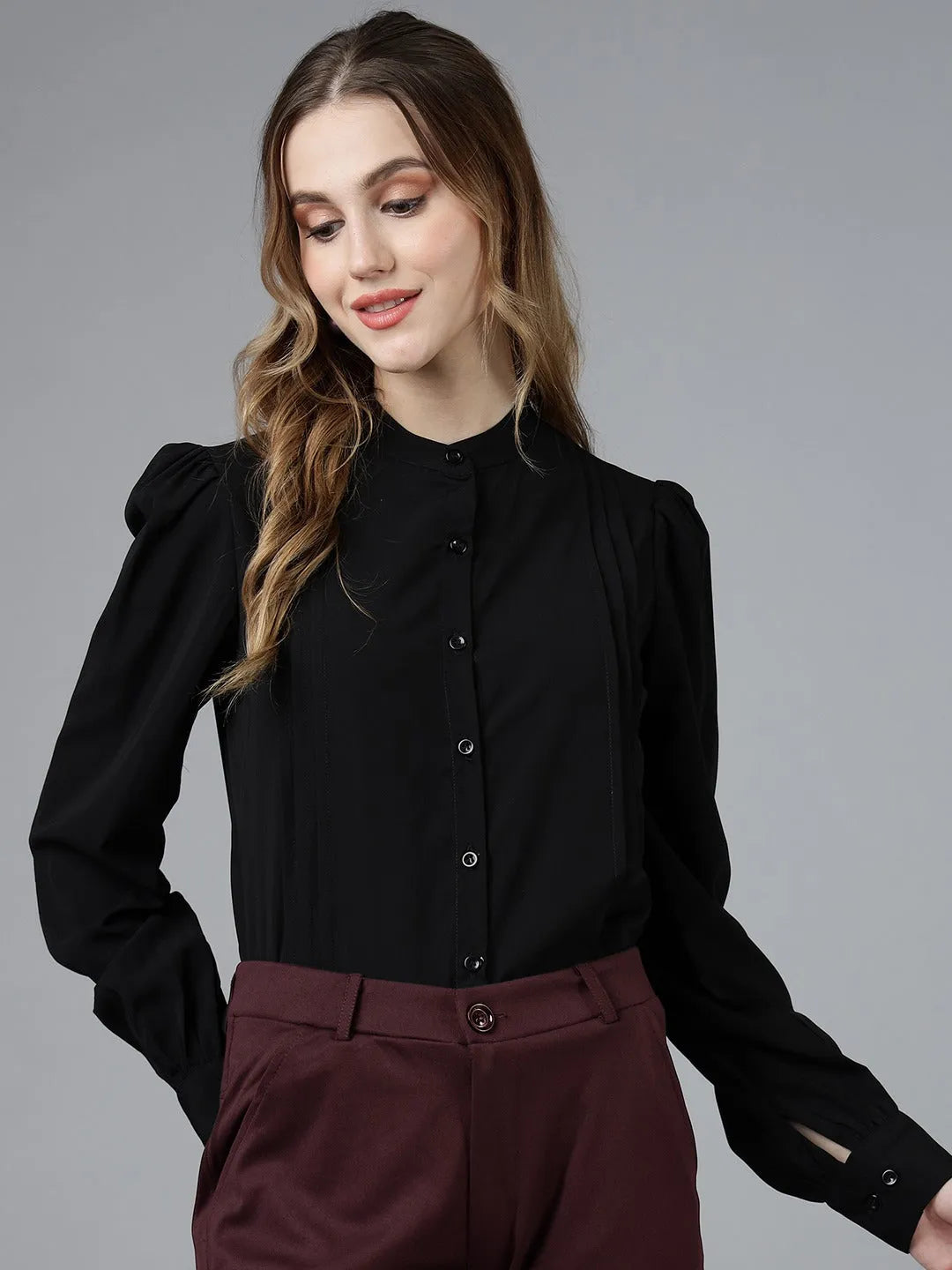 Women Formal Pleated Regular Fit Shirt - Black - ModaLady