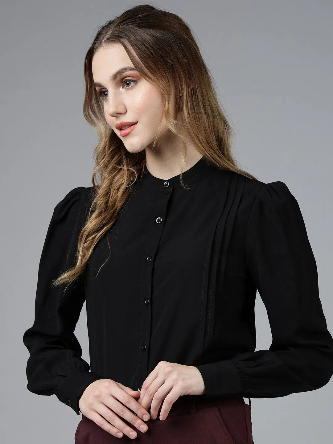 Women Formal Pleated Regular Fit Shirt - Black - ModaLady