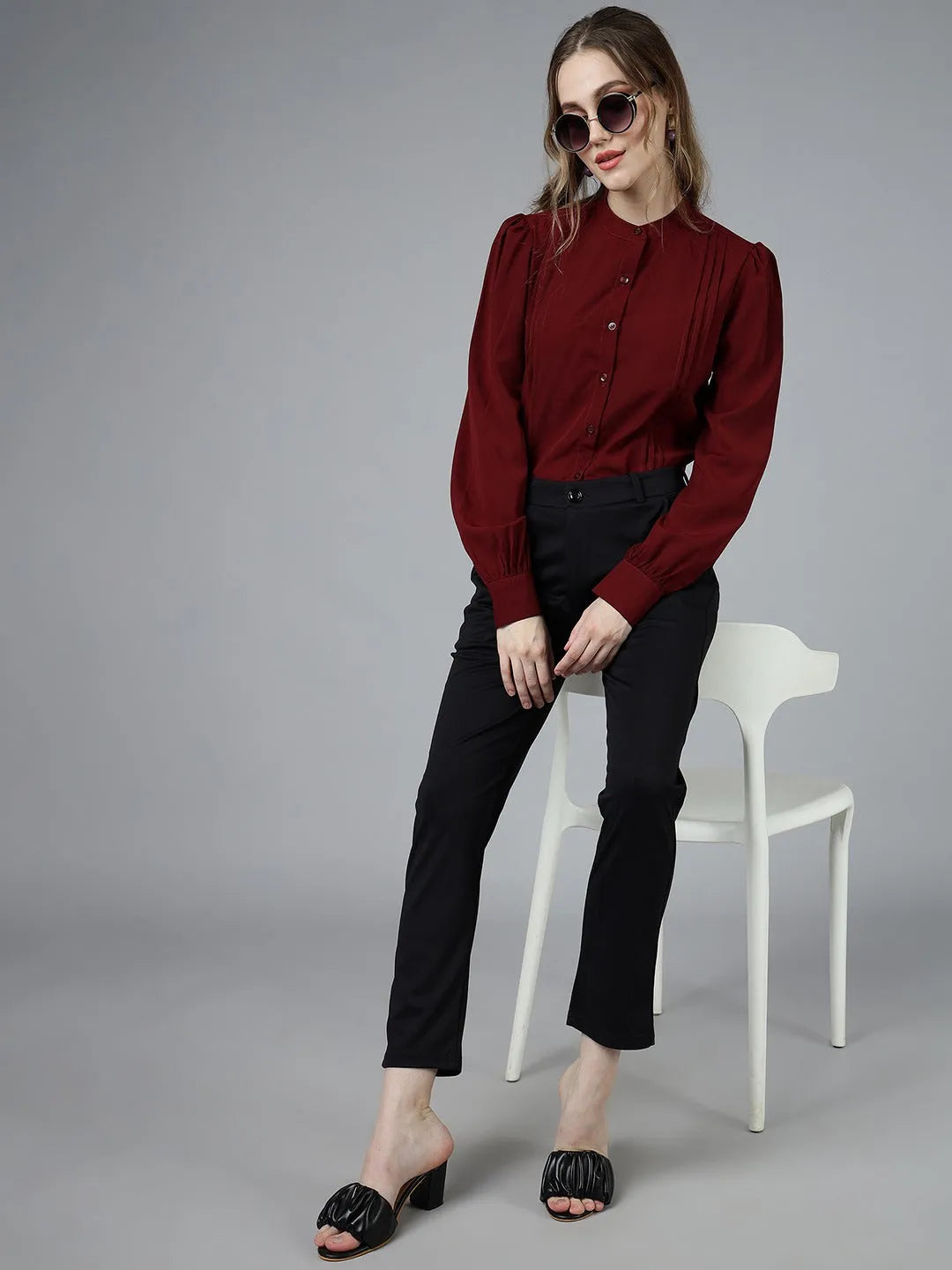 Women Formal Pleated Regular Fit Shirt - Maroon - ModaLady