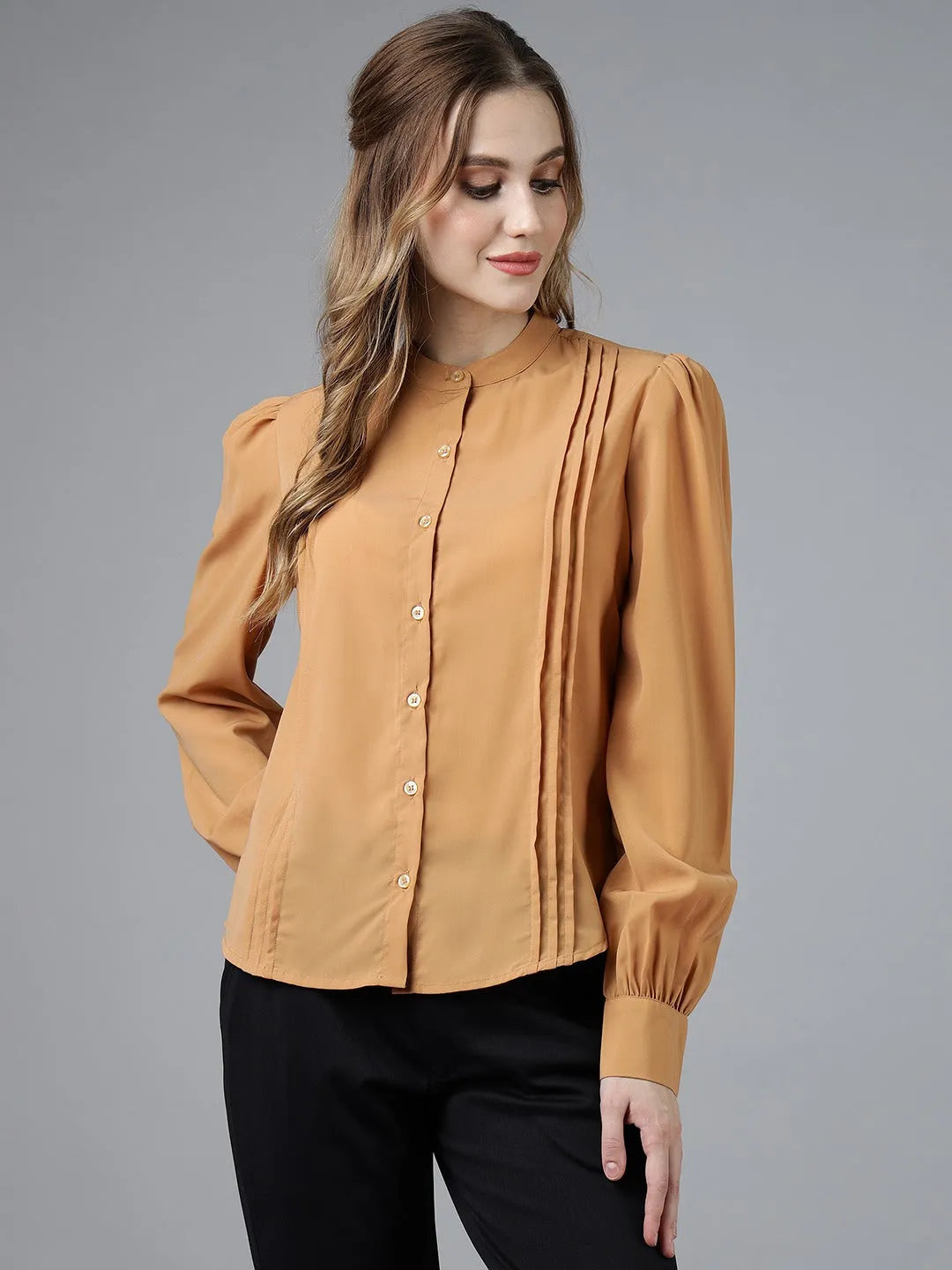 Women Formal Pleated Regular Fit Shirt - Mustard Yellow - ModaLady