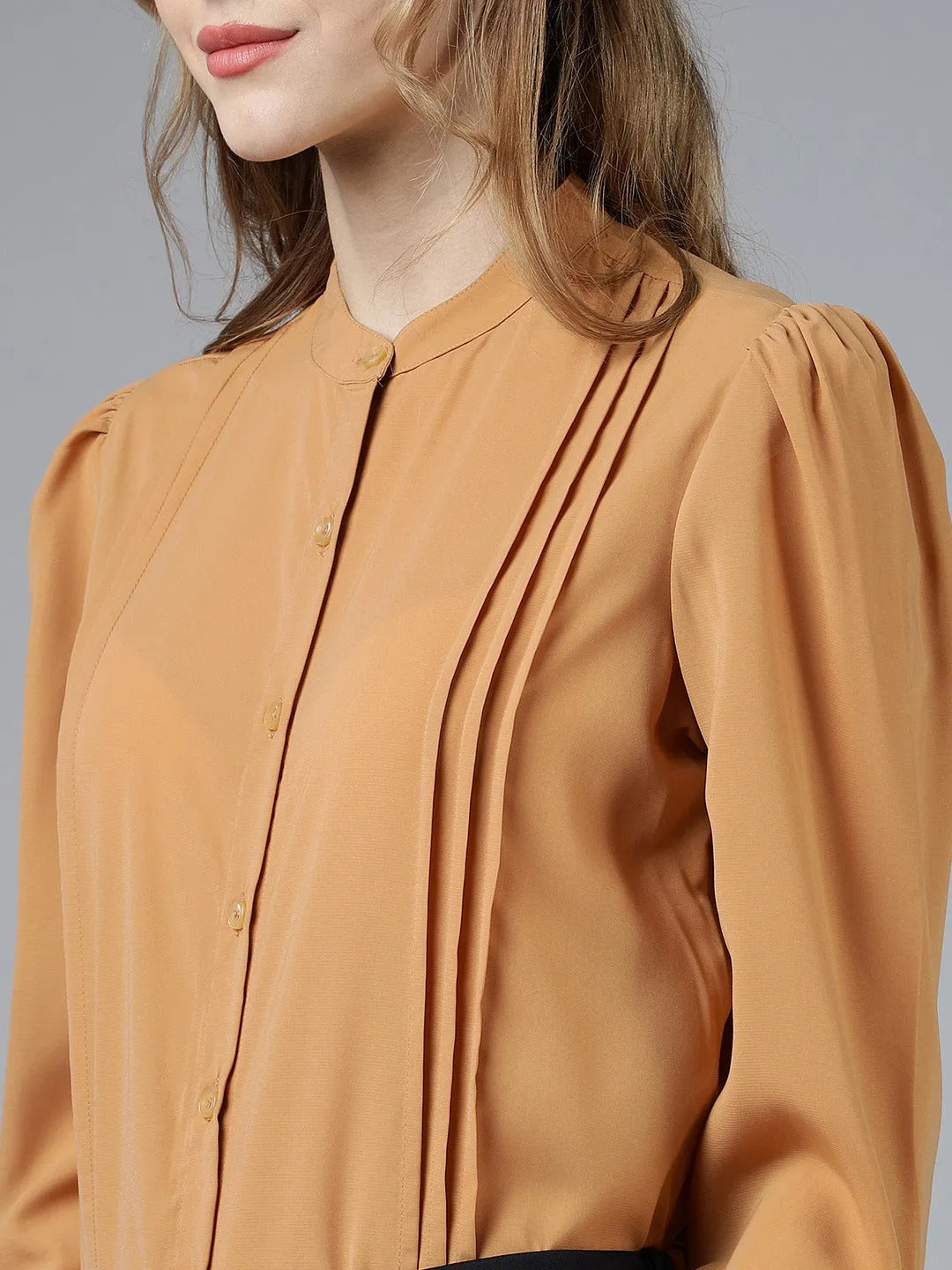 Women Formal Pleated Regular Fit Shirt - Mustard Yellow - ModaLady