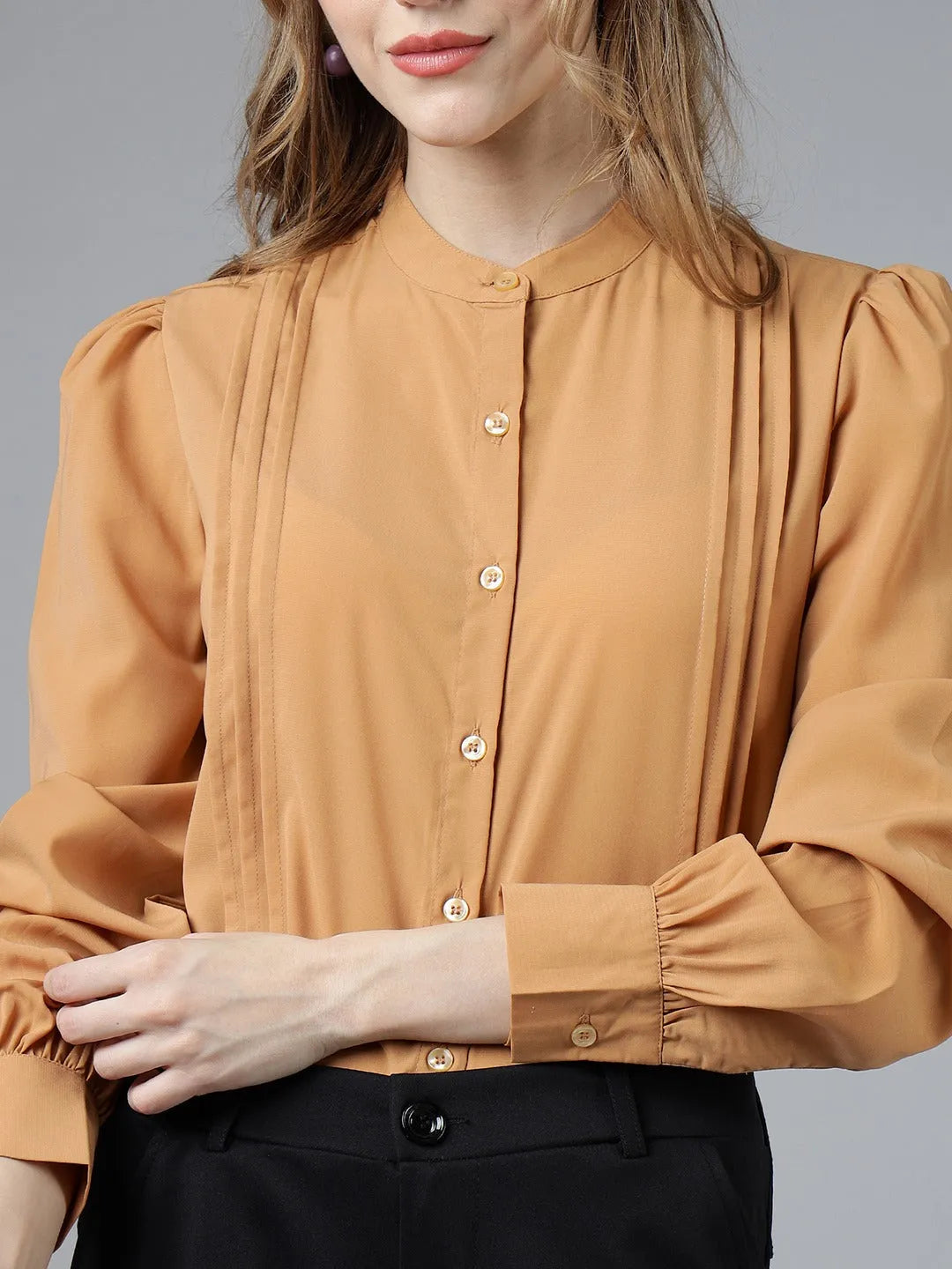 Women Formal Pleated Regular Fit Shirt - Mustard Yellow - ModaLady