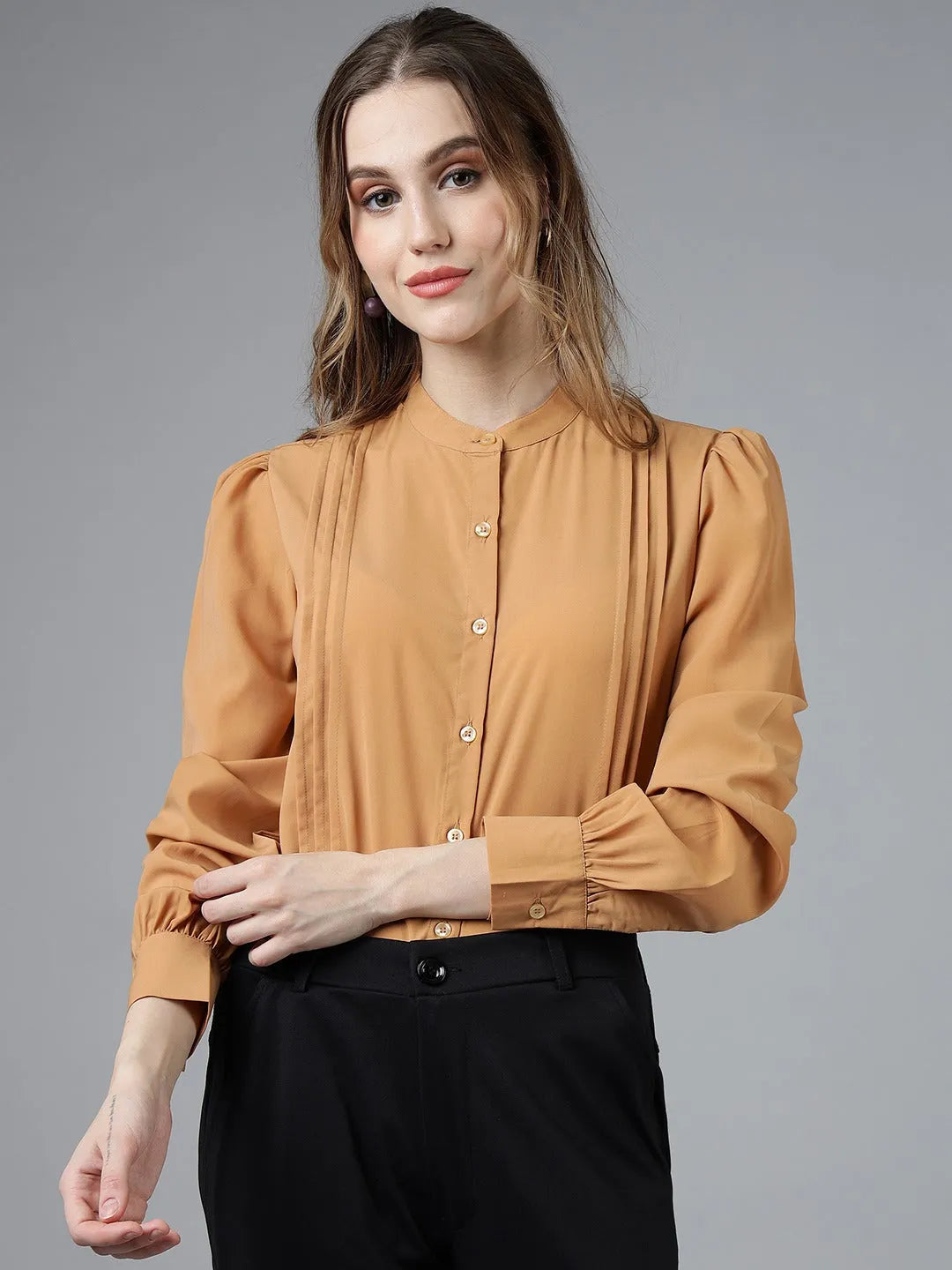 Women Formal Pleated Regular Fit Shirt - Mustard Yellow - ModaLady