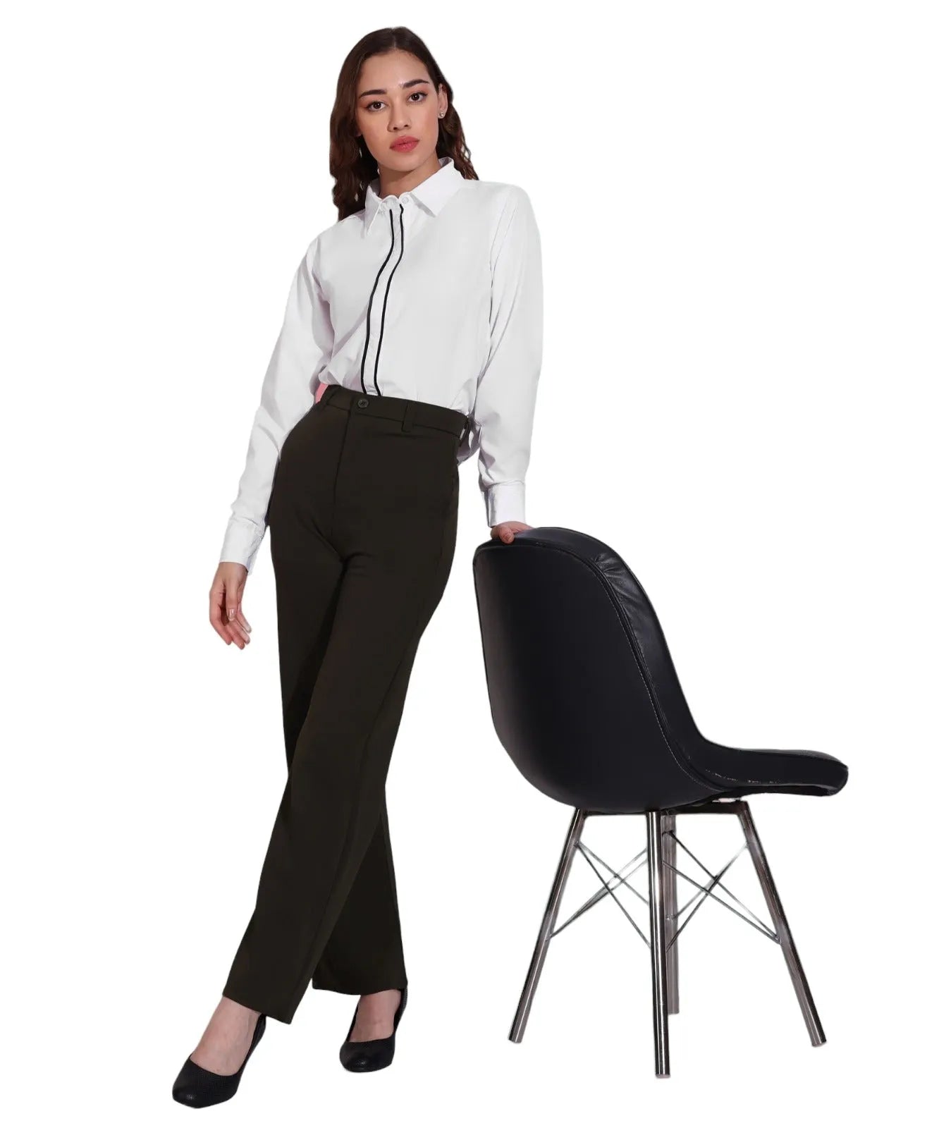 Women Formal White Shirt with Contrast Tipping Placket - ModaLady