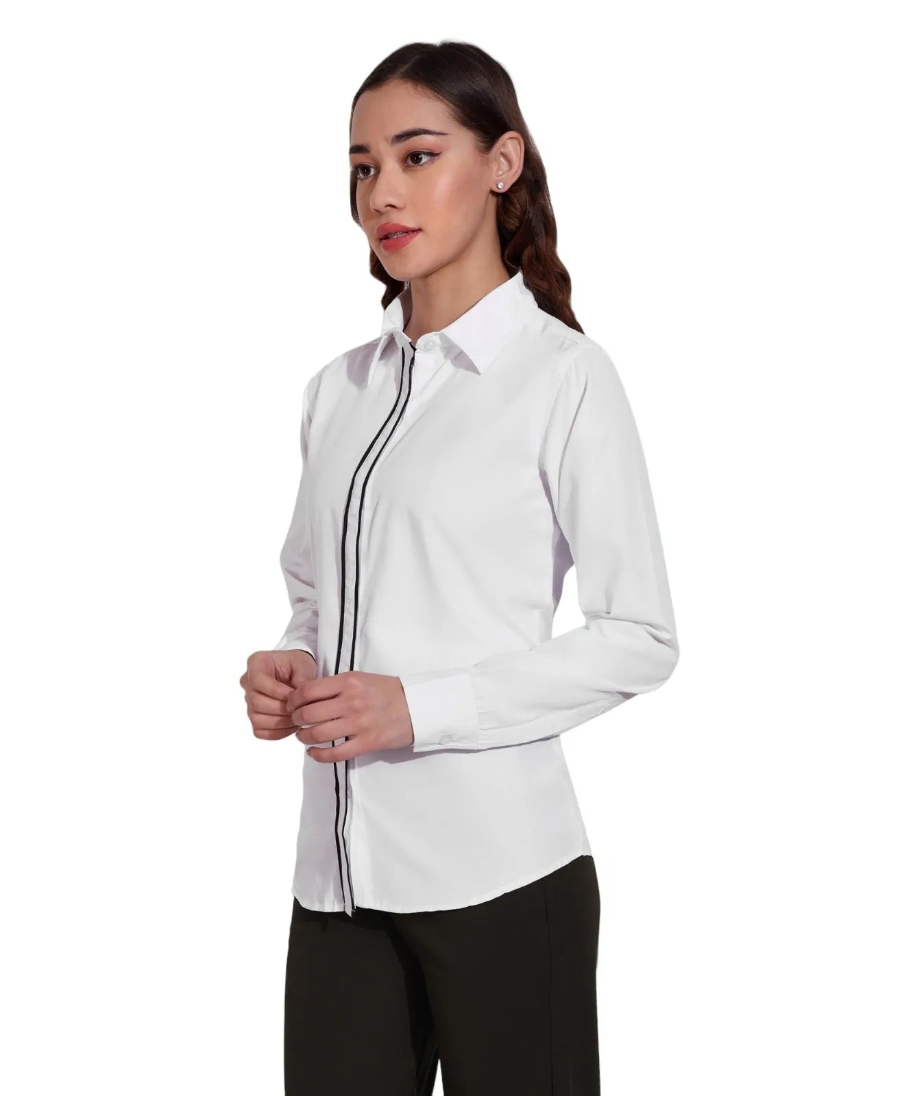 Women Formal White Shirt with Contrast Tipping Placket - ModaLady