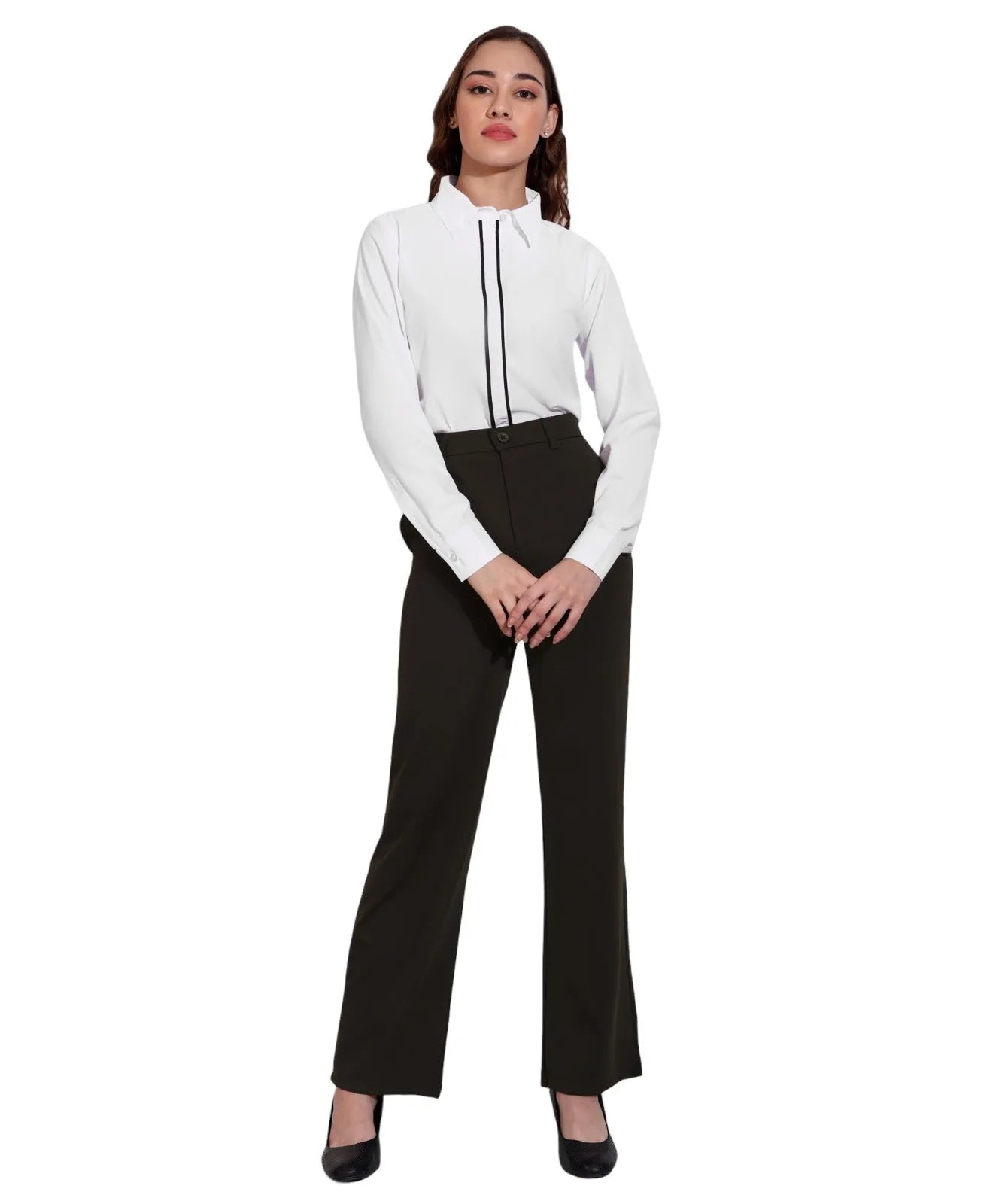 Women Formal White Shirt with Contrast Tipping Placket - ModaLady