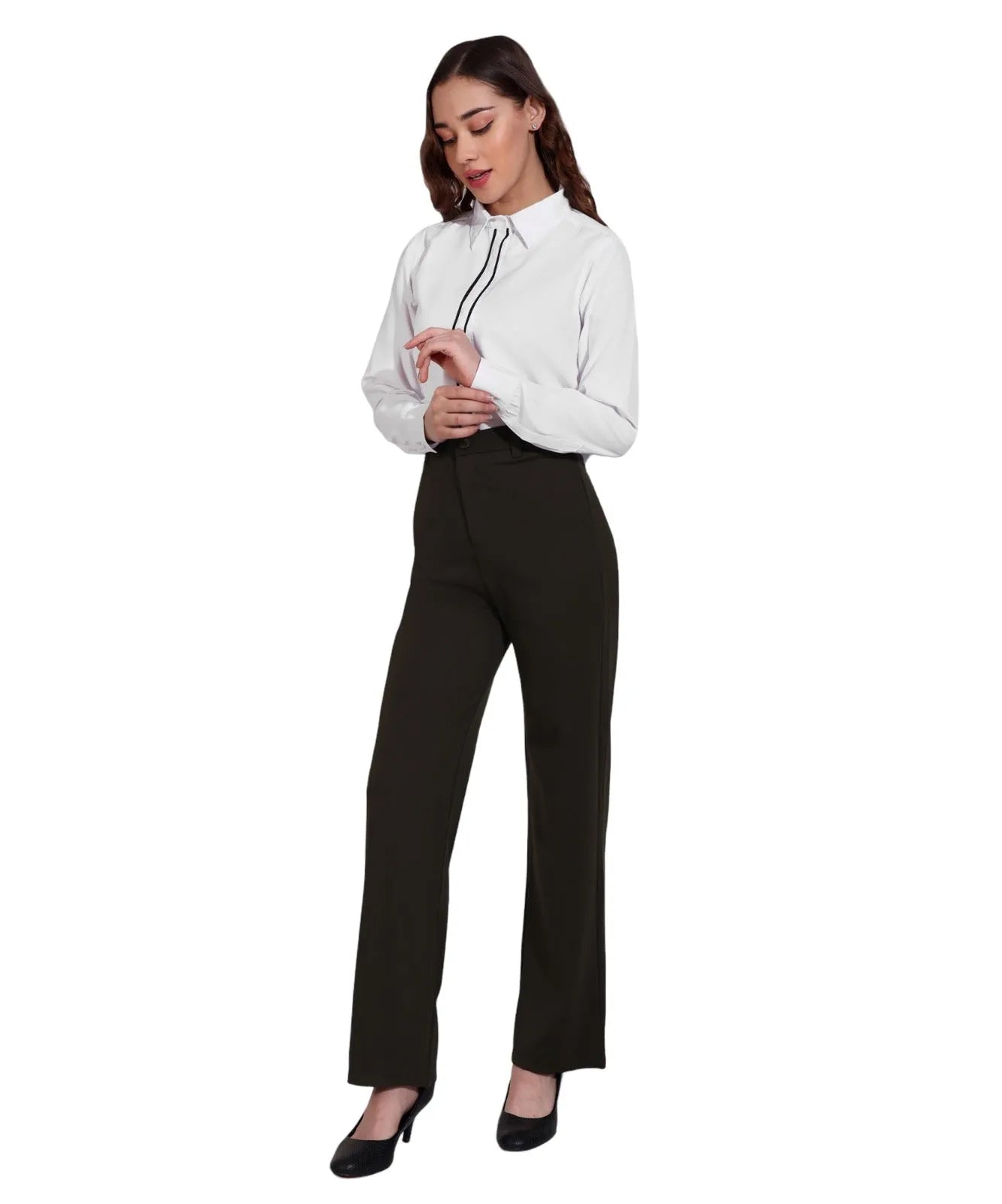 Women Formal White Shirt with Contrast Tipping Placket - ModaLady