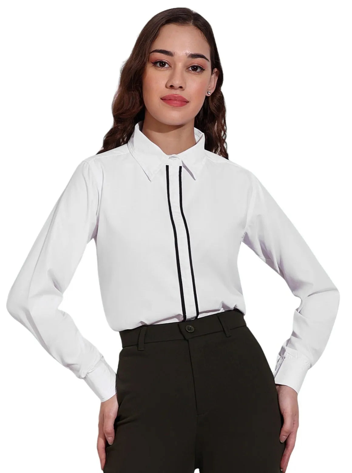 Women Formal White Shirt with Contrast Tipping Placket - ModaLady