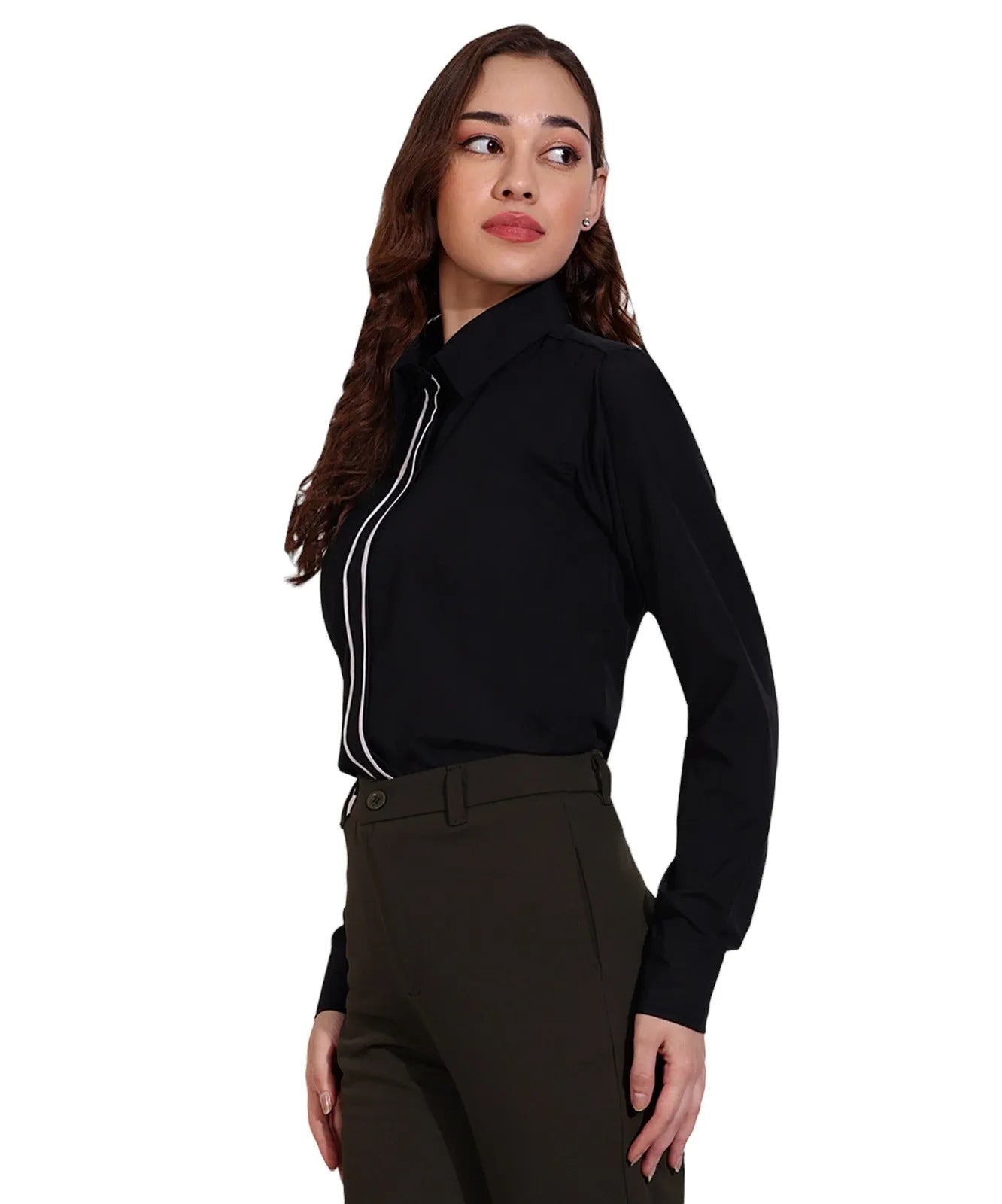 Women Formal Black Shirt with Contrast Tipping Placket - ModaLady