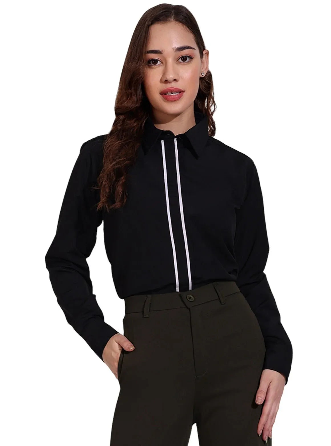 Women Formal Black Shirt with Contrast Tipping Placket - ModaLady