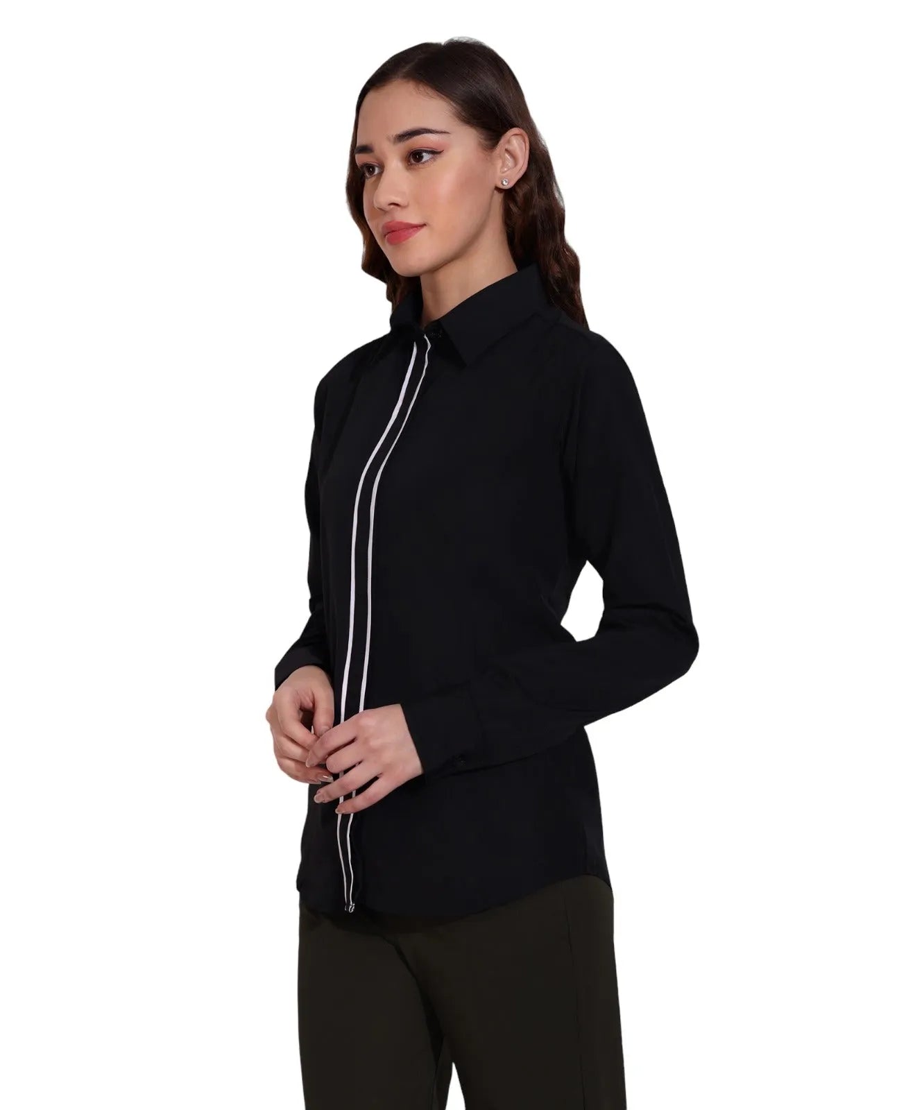 Women Formal Black Shirt with Contrast Tipping Placket - ModaLady