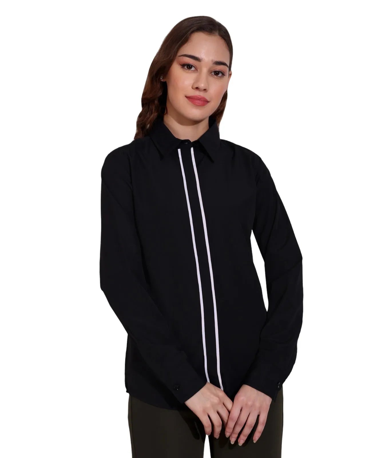 Women Formal Black Shirt with Contrast Tipping Placket - ModaLady