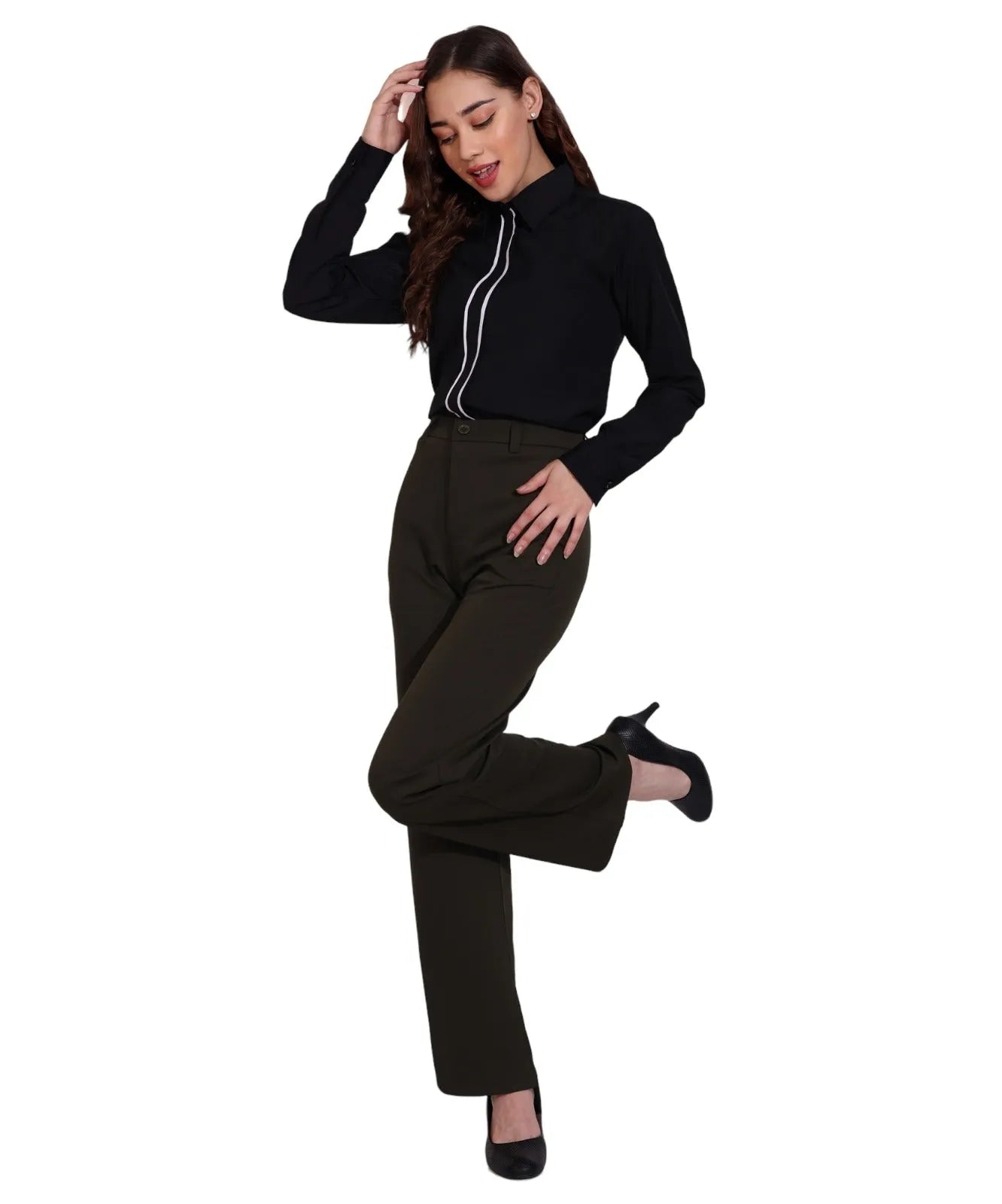 Women Formal Black Shirt with Contrast Tipping Placket - ModaLady