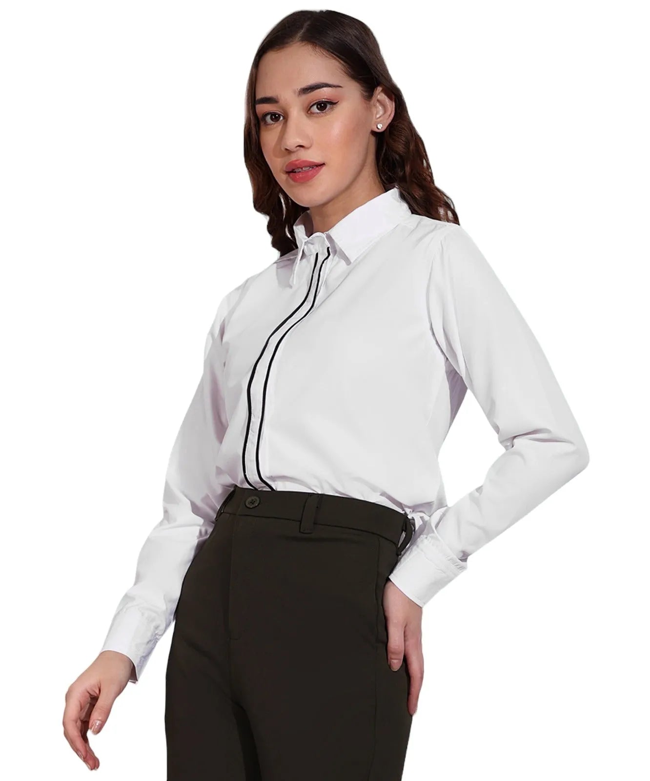 Women Formal White Shirt with Contrast Tipping Placket - ModaLady