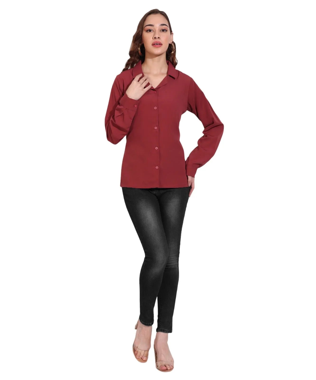 Women Formal Plain Red Formal Shirt - ModaLady