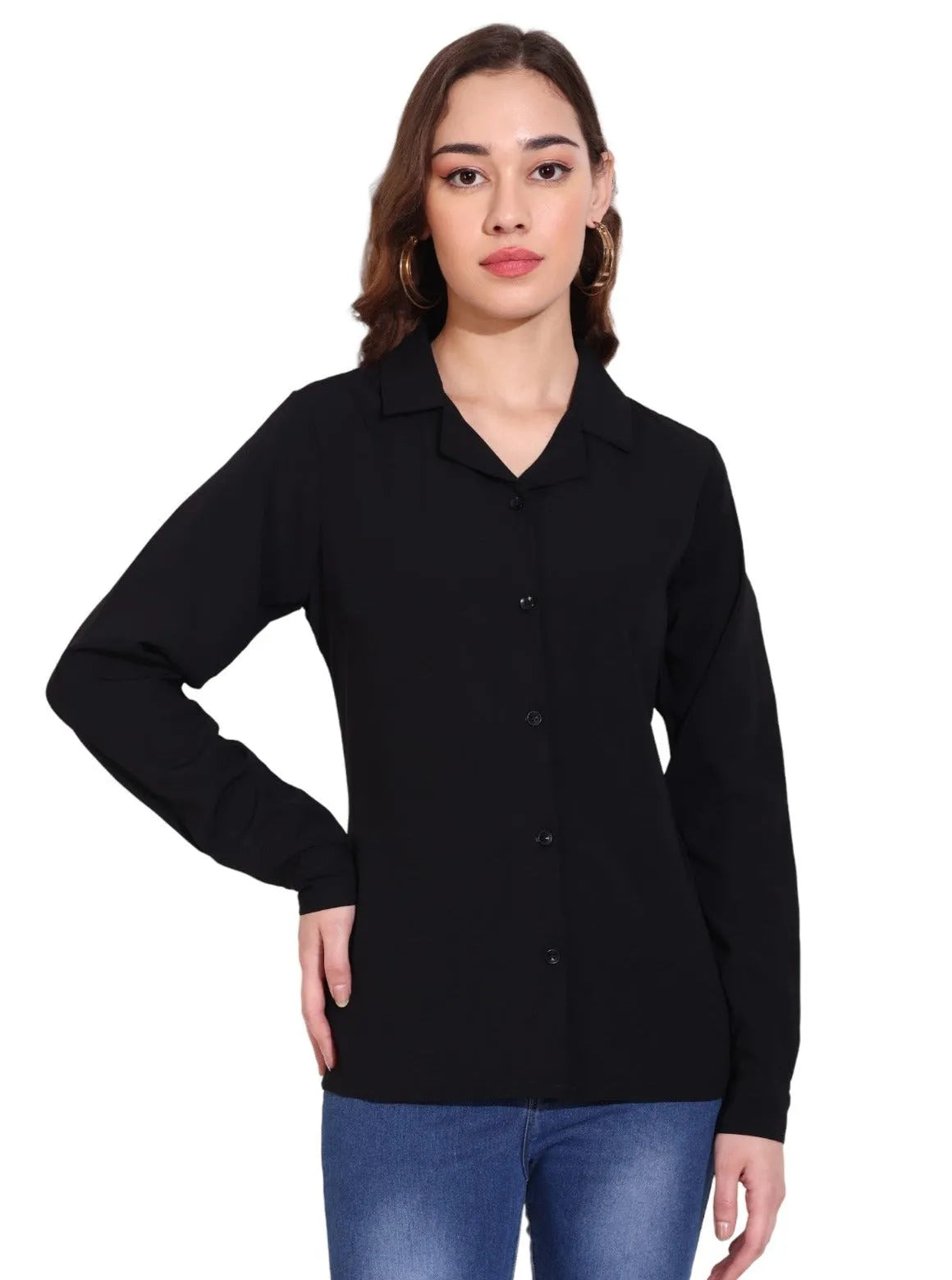 Women Formal Plain Black Formal Shirt - ModaLady