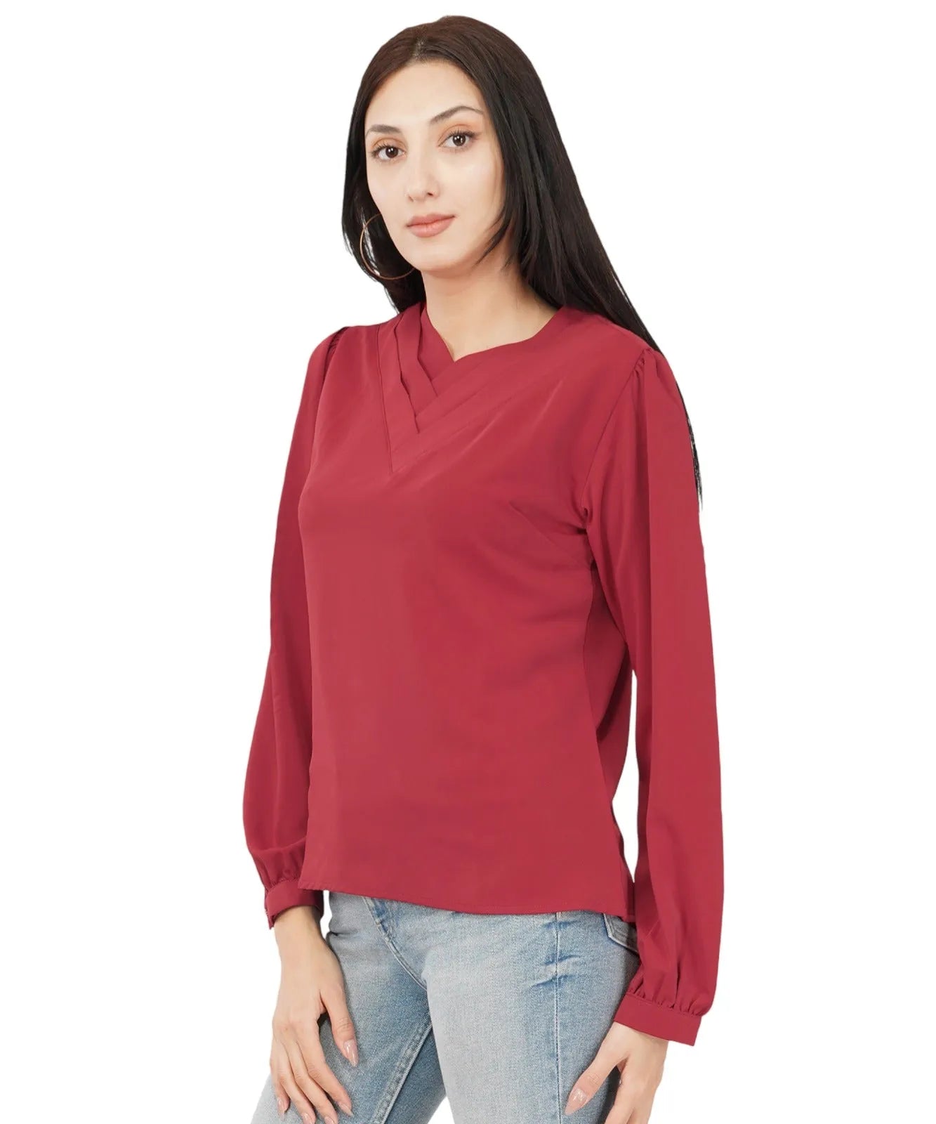 Women Formal Maroon Red V-neck Top - ModaLady