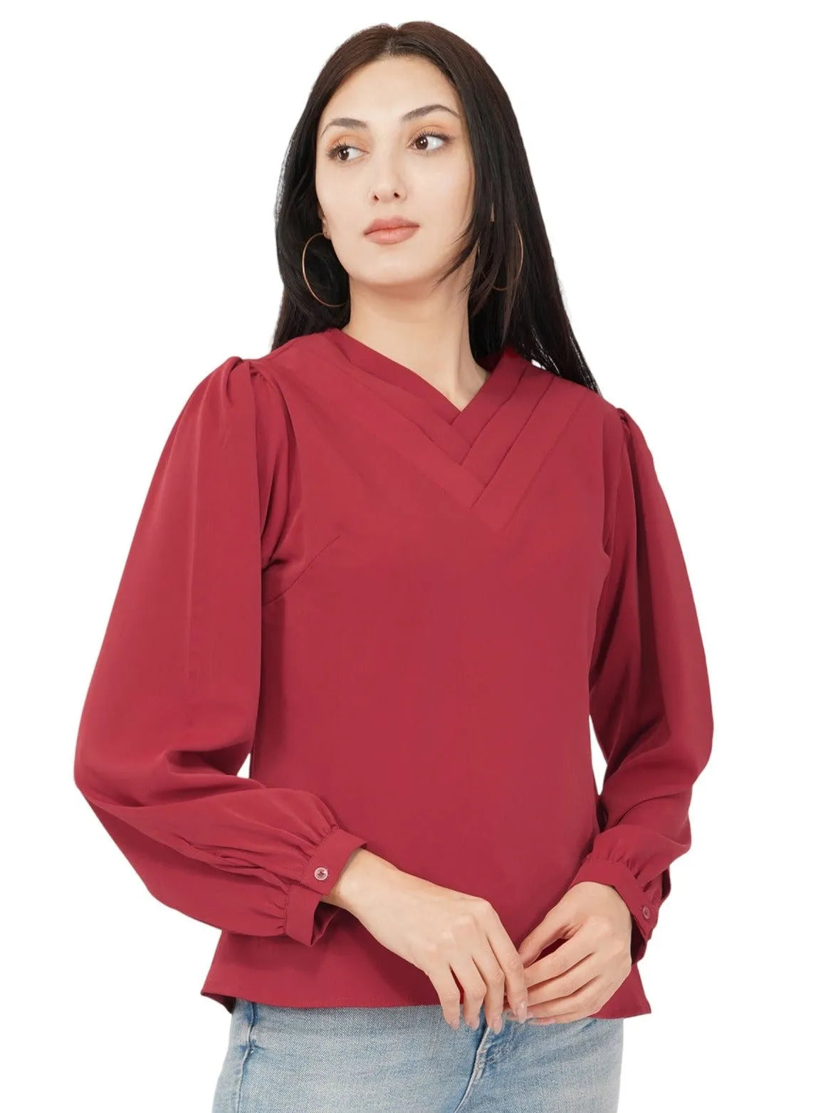 Women Formal Maroon Red V-neck Top - ModaLady