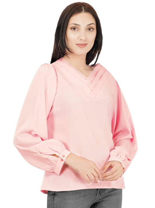 Women Formal Baby Pink V-neck Top - ModaLady