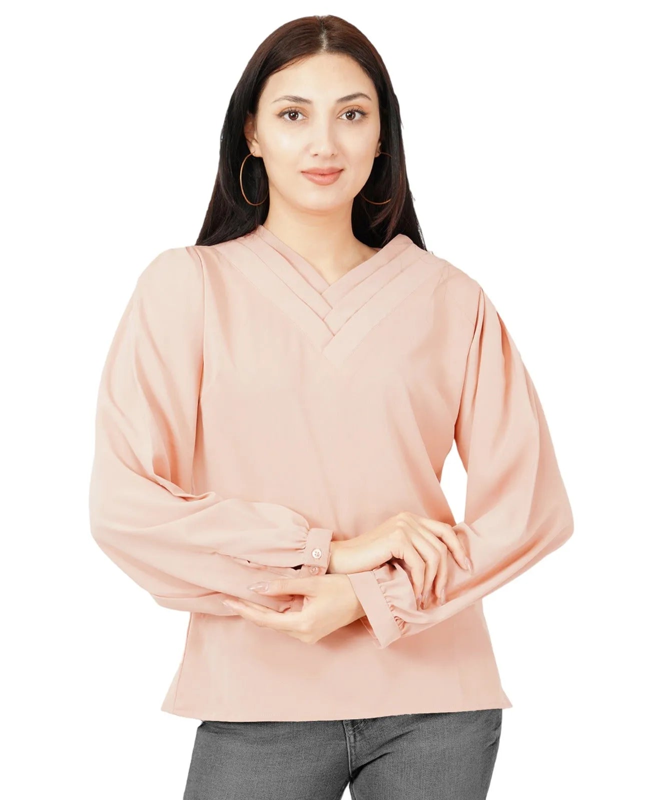 Women Formal Baby Pink V-neck Top - ModaLady