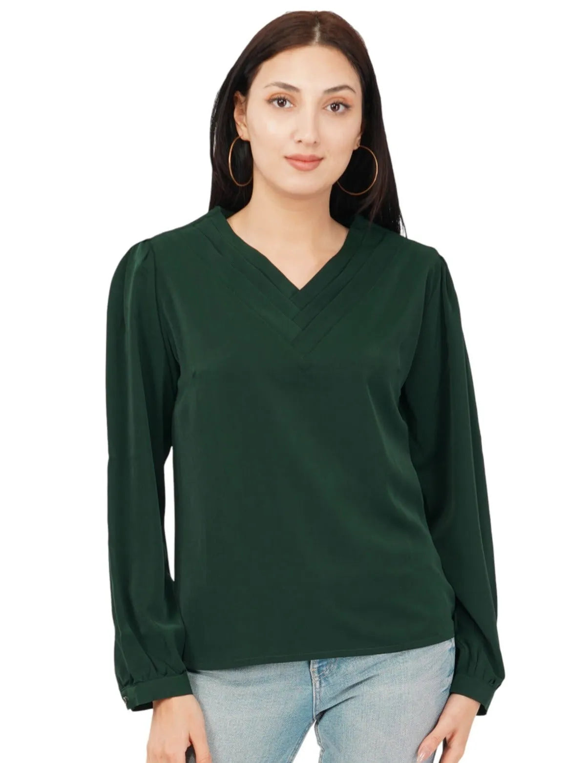 Women Formal Forest Green V-neck Top - ModaLady