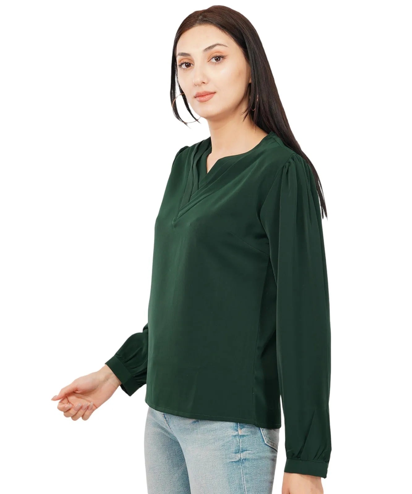 Women Formal Forest Green V-neck Top - ModaLady