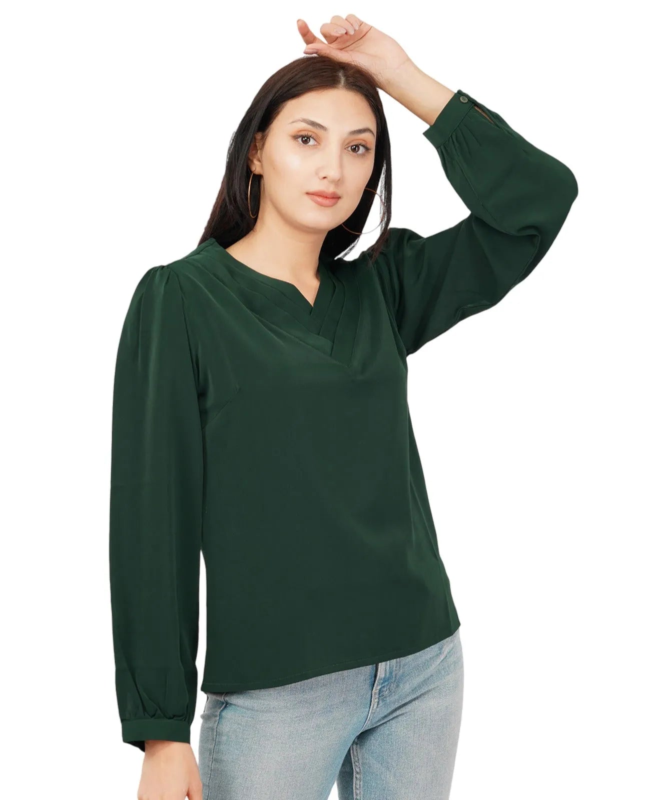 Women Formal Forest Green V-neck Top - ModaLady