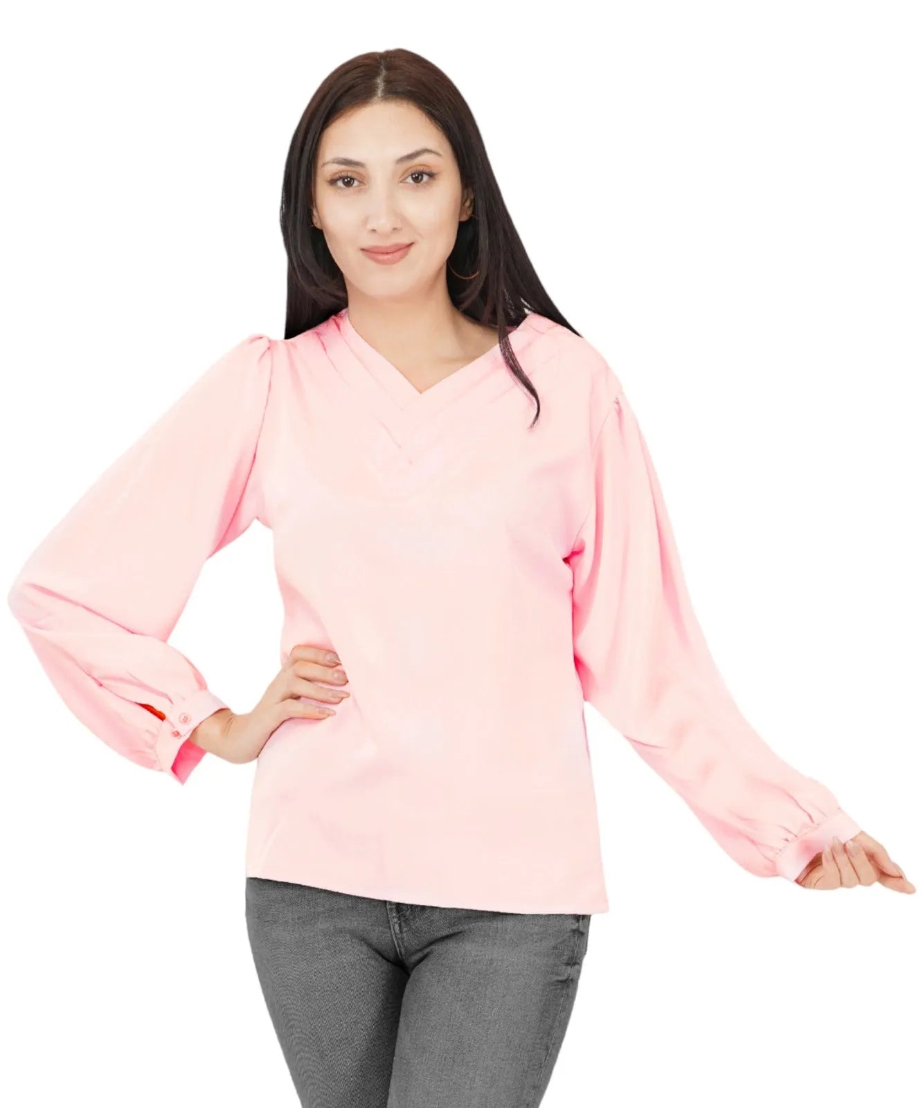 Women Formal Baby Pink V-neck Top - ModaLady