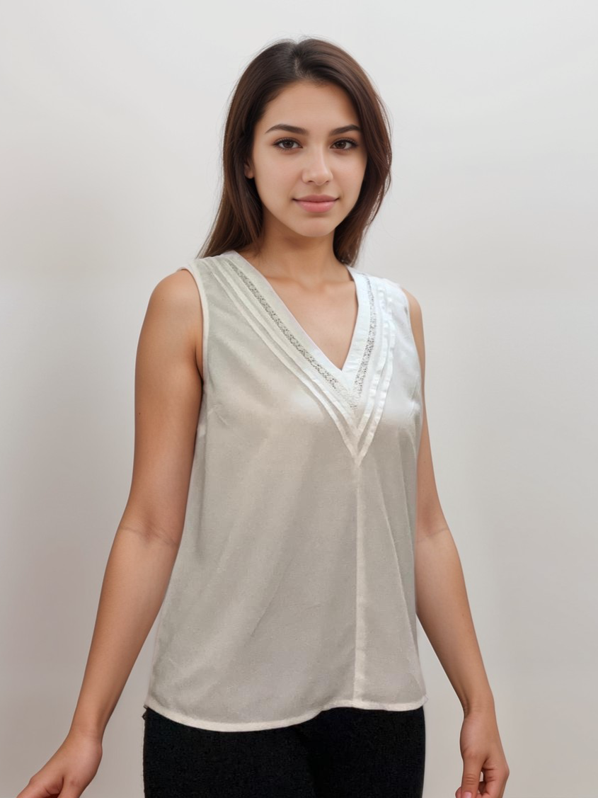 Women Formal White Plus Size Embroidered Sleeveless Cotton Top