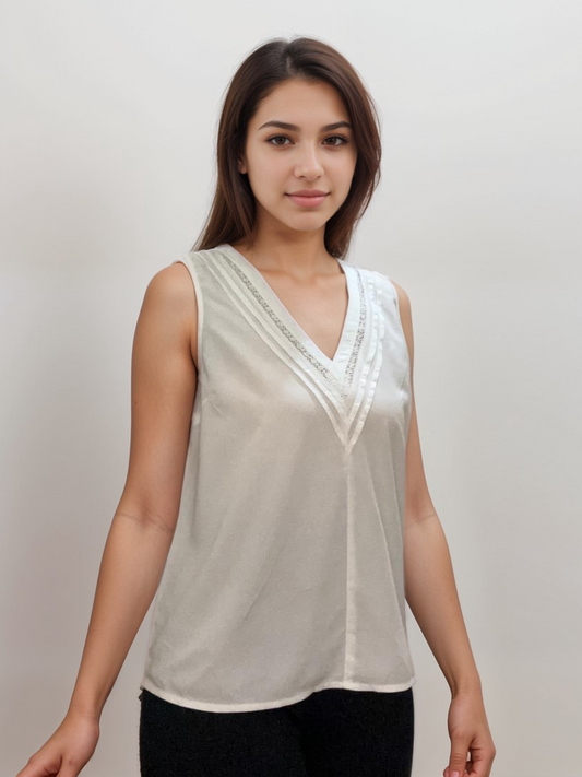 Women Formal White Plus Size Embroidered Sleeveless Cotton Top