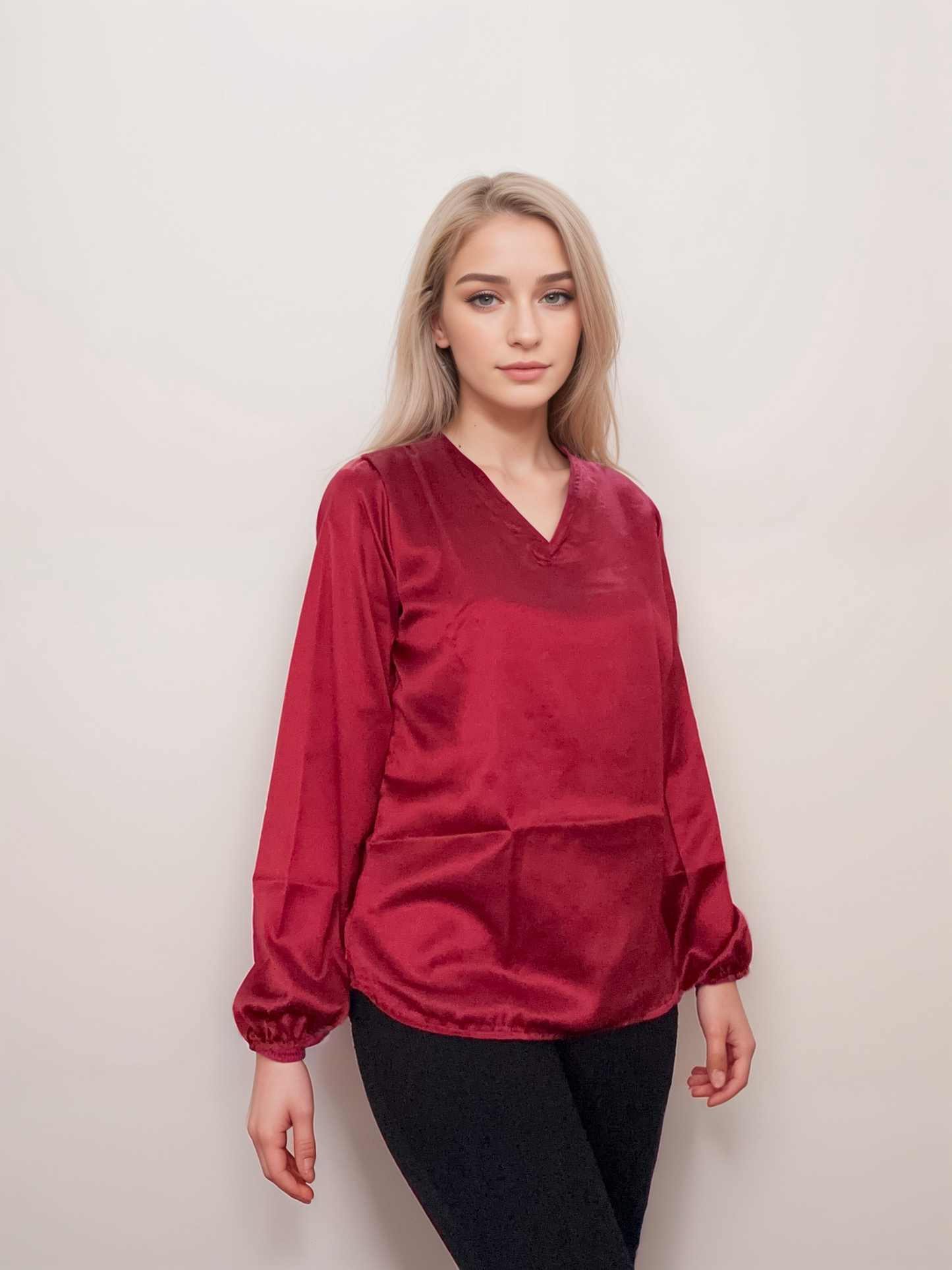 Women Formal Satin Wine V Neck Top