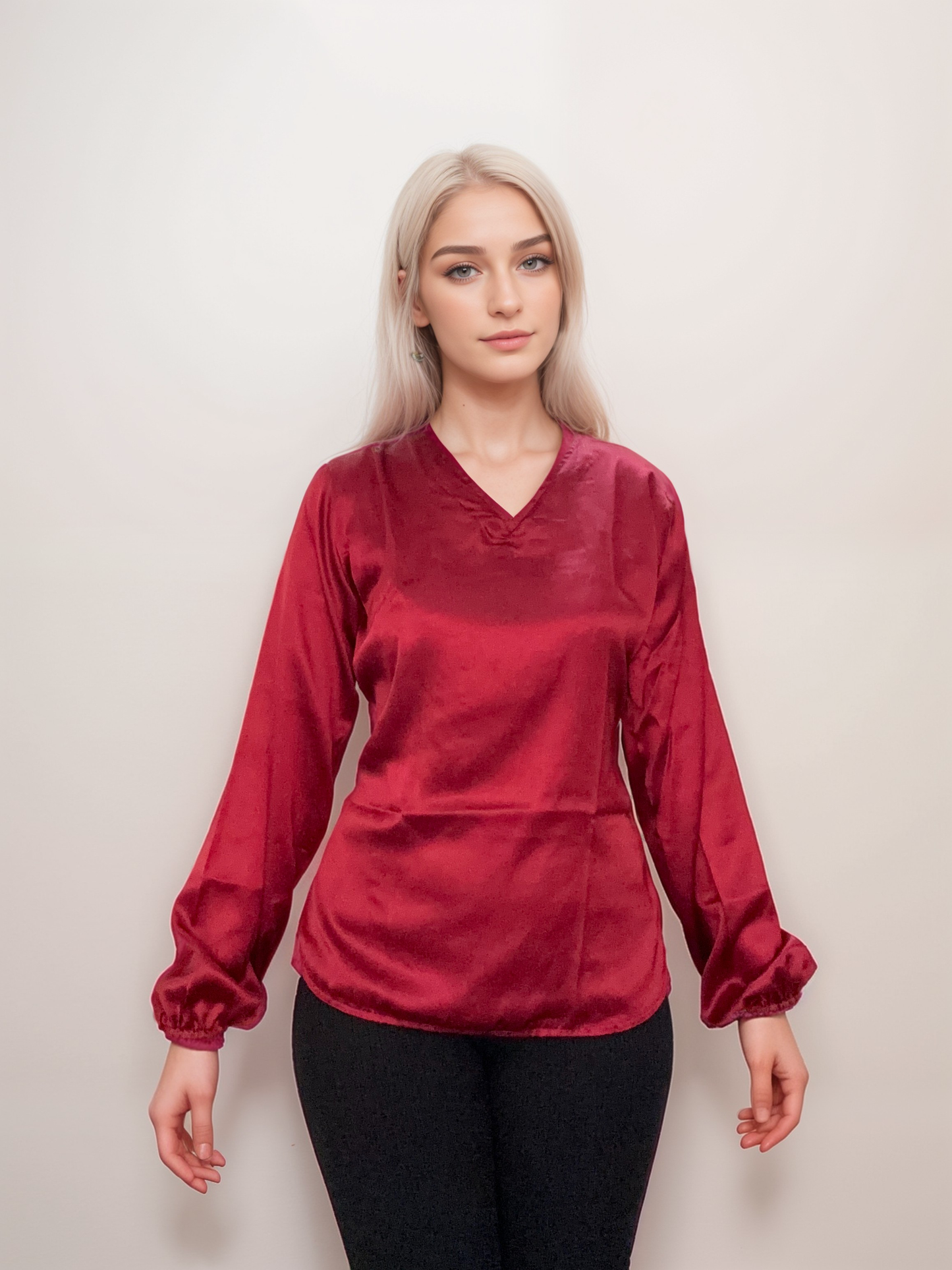 Women Formal Satin Wine V Neck Top