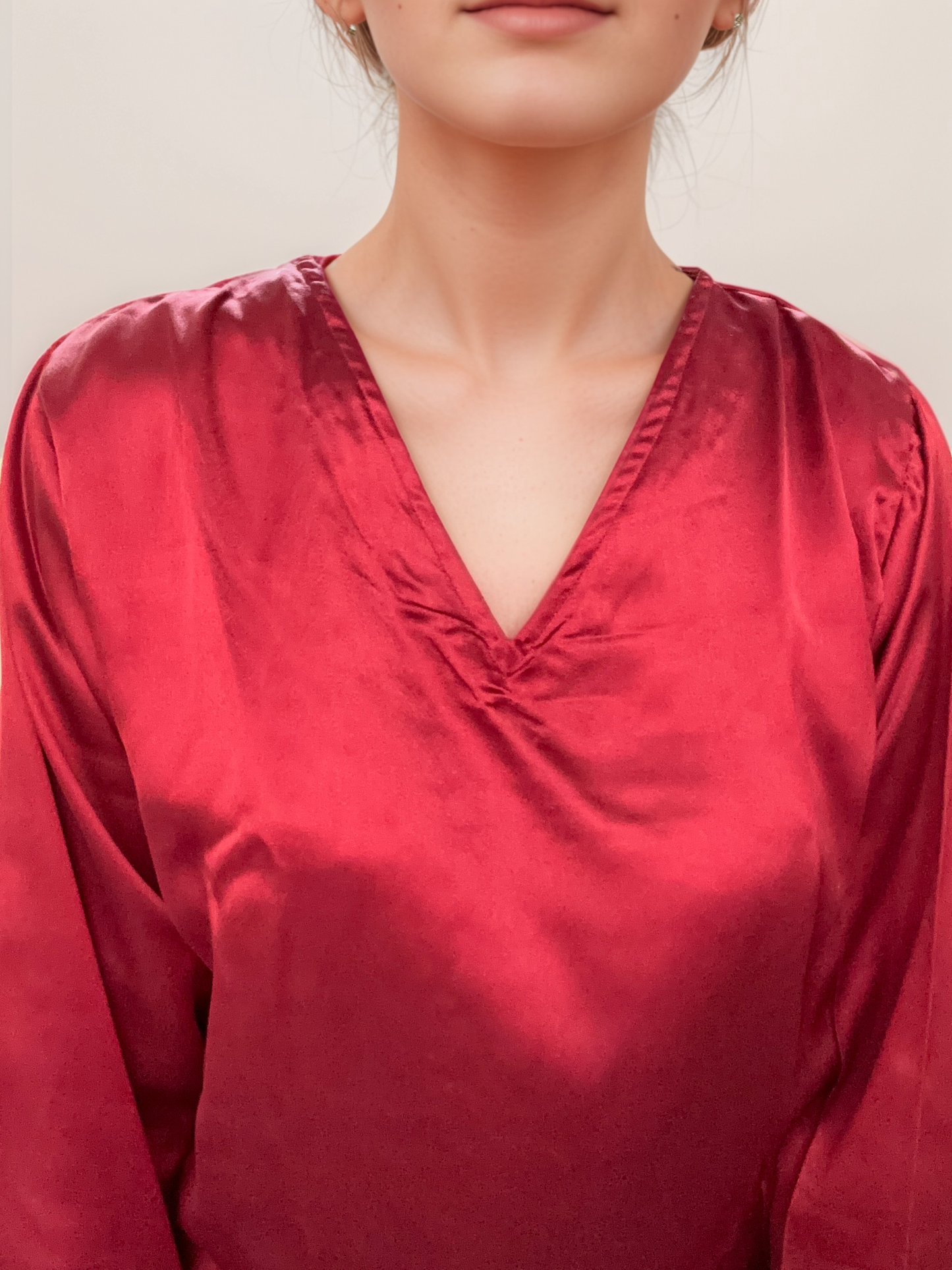 Women Formal Satin Wine V Neck Top