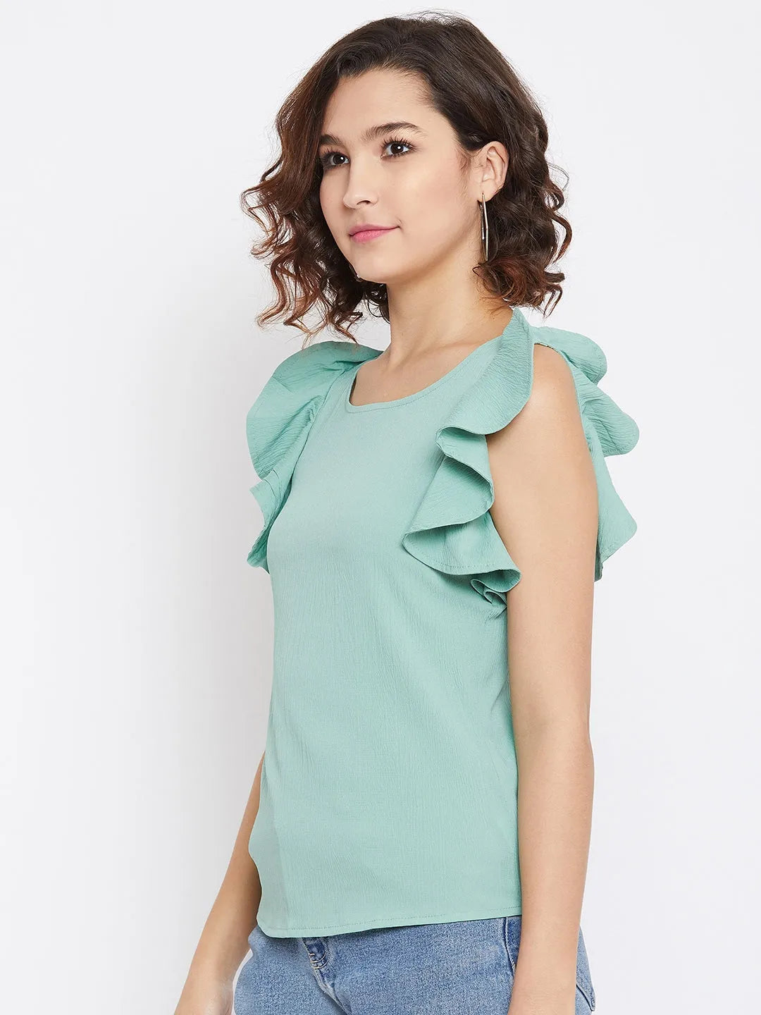 Women Formal Blue Shirt Style Top - Ruffle Sleeves - ModaLady