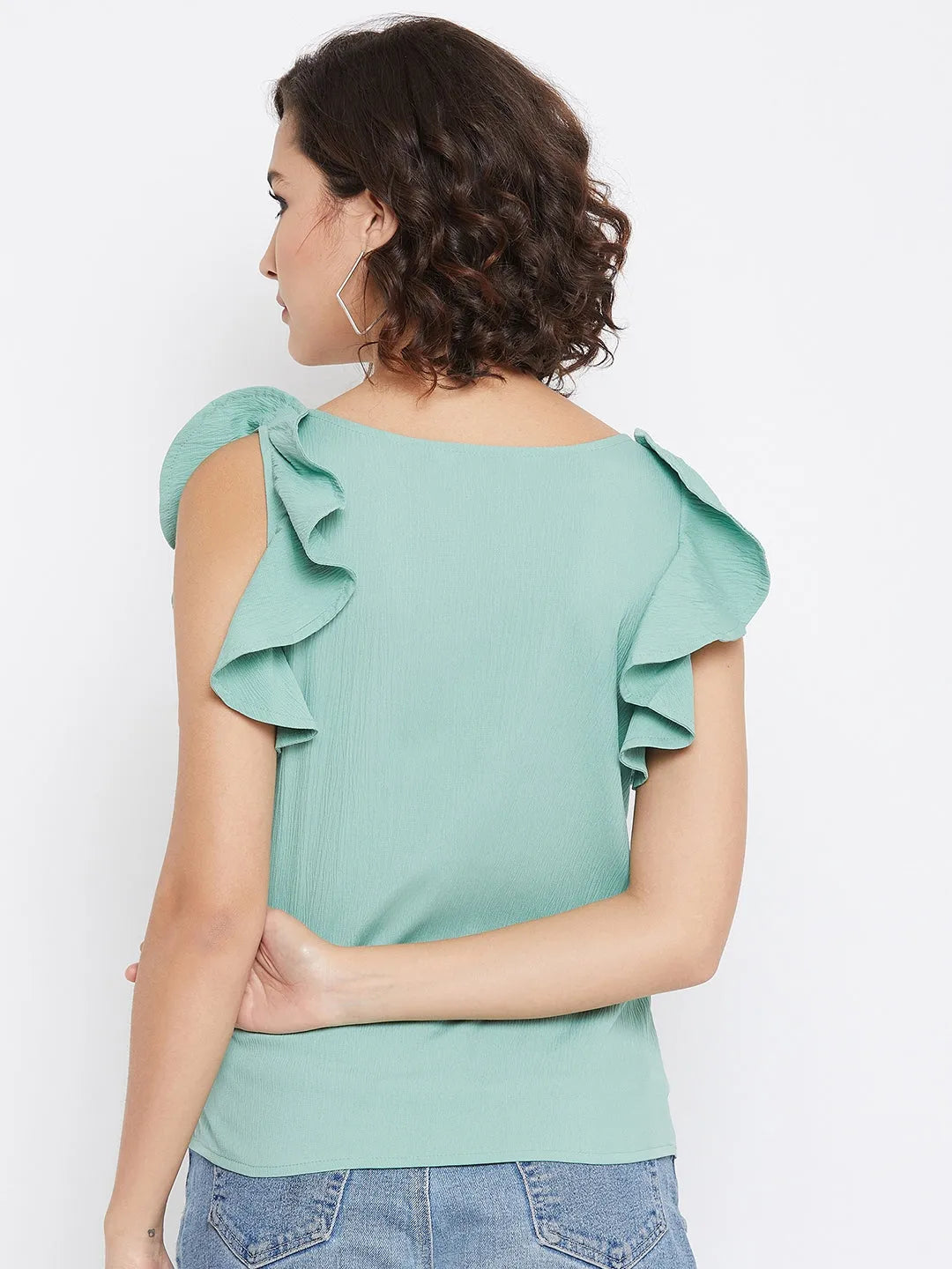 Women Formal Blue Shirt Style Top - Ruffle Sleeves - ModaLady