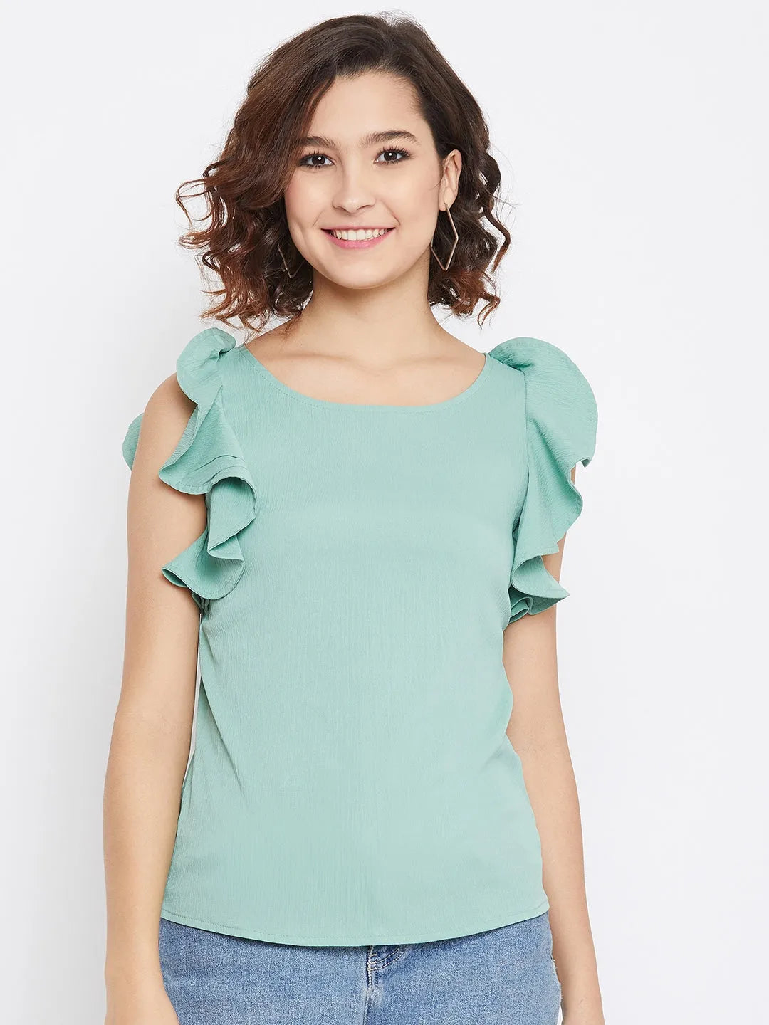 Women Formal Blue Shirt Style Top - Ruffle Sleeves - ModaLady