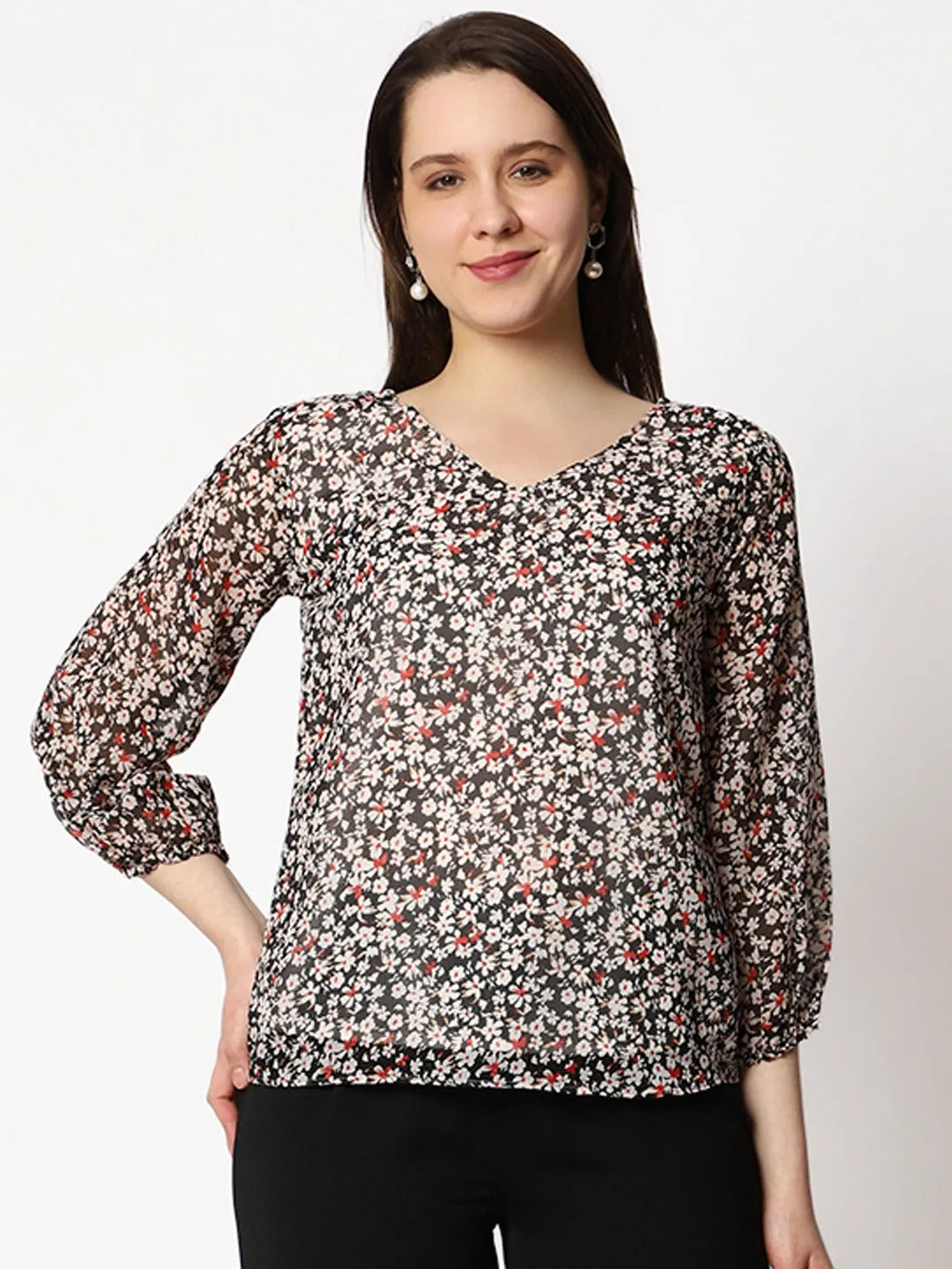 Women Formal Floral V-Neck Top - ModaLady