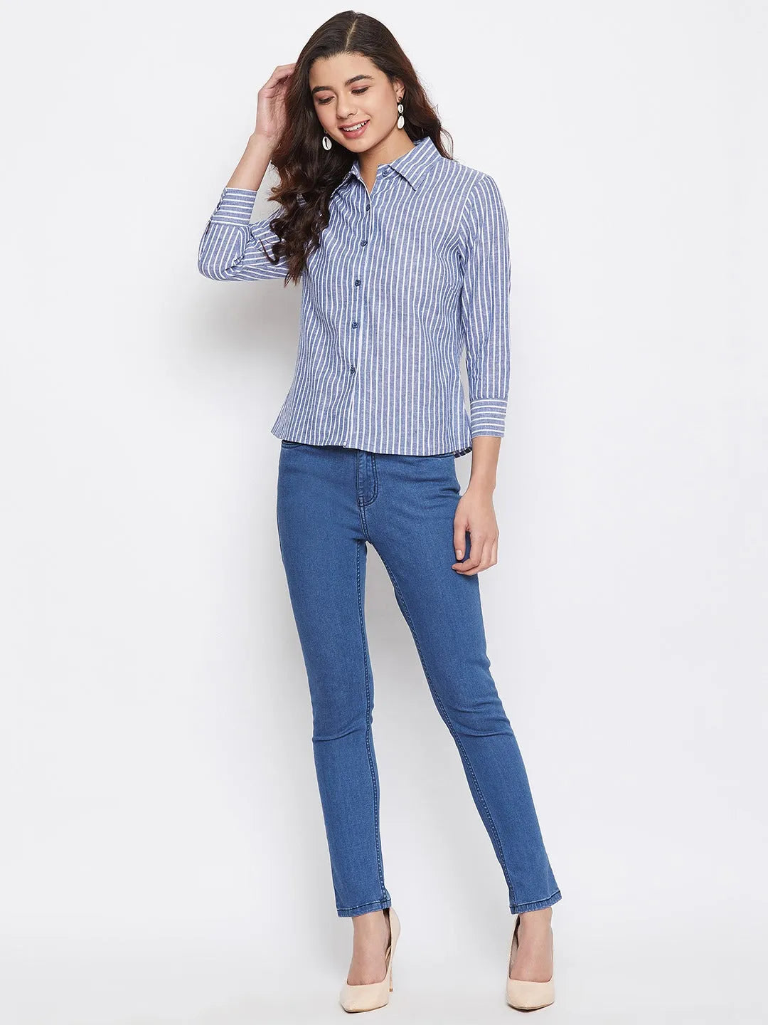 Women Formal Linen Blue Even Striped Shirt - ModaLady