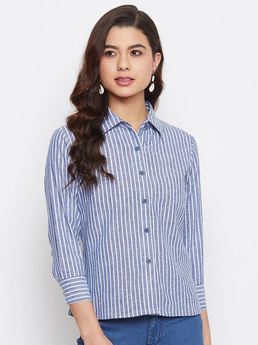 Women Formal Linen Blue Even Striped Shirt - ModaLady