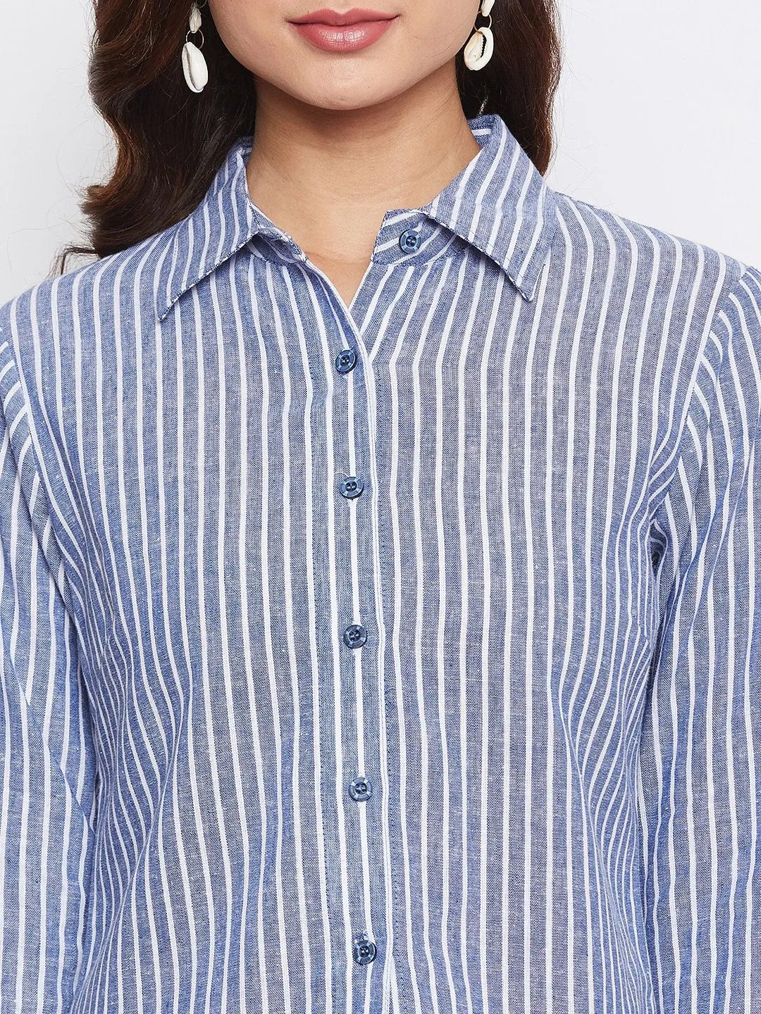 Women Formal Linen Blue Even Striped Shirt - ModaLady