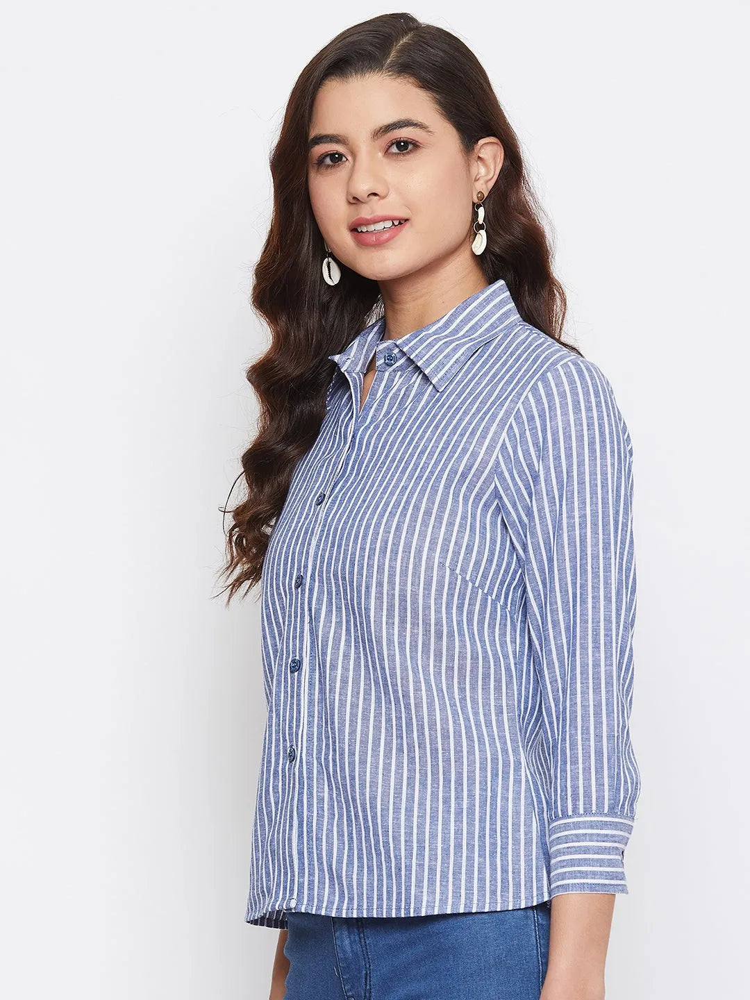 Women Formal Linen Blue Even Striped Shirt - ModaLady