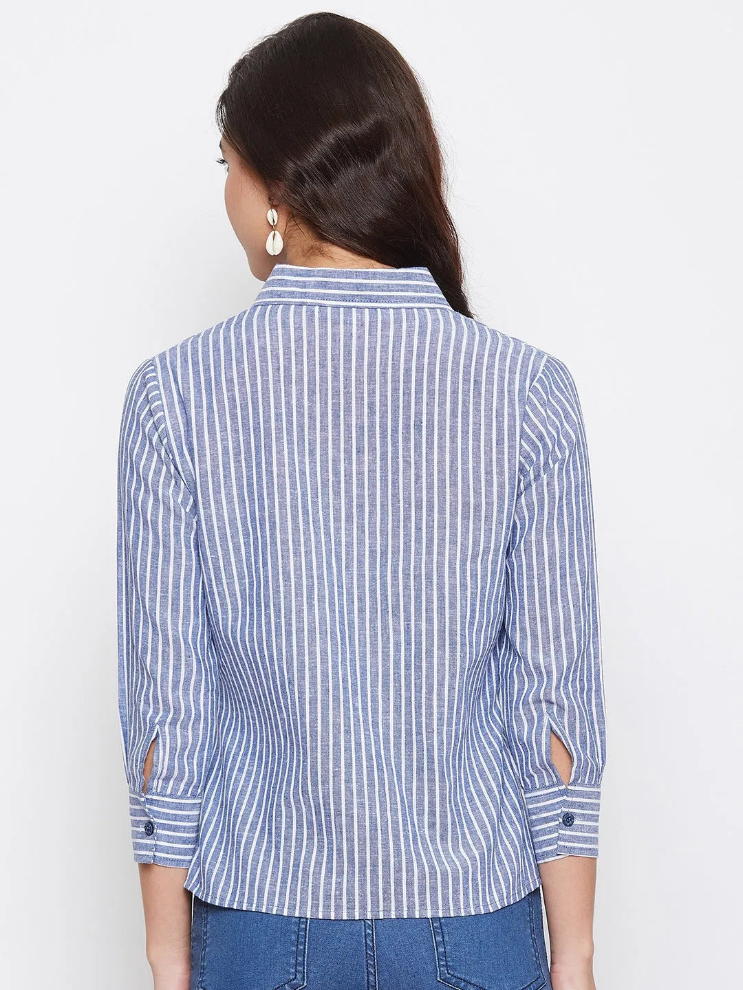 Women Formal Linen Blue Even Striped Shirt - ModaLady