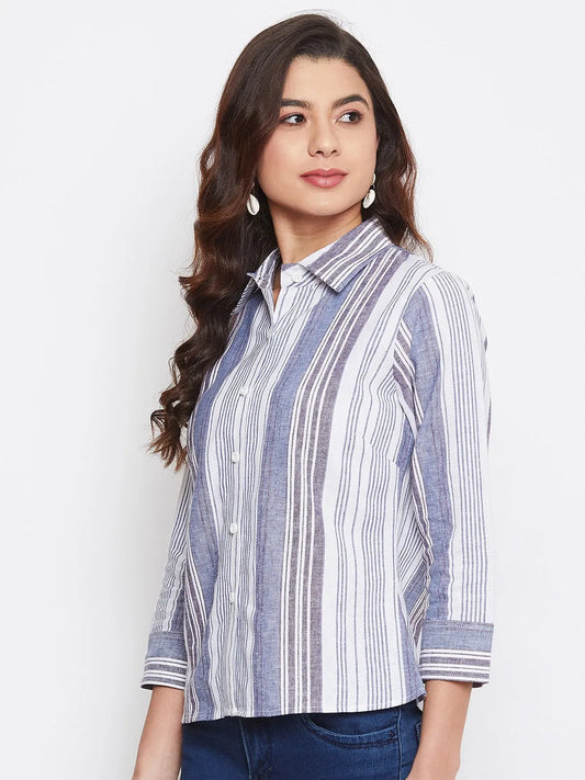 Women Formal Linen Blue Striped Shirt - ModaLady