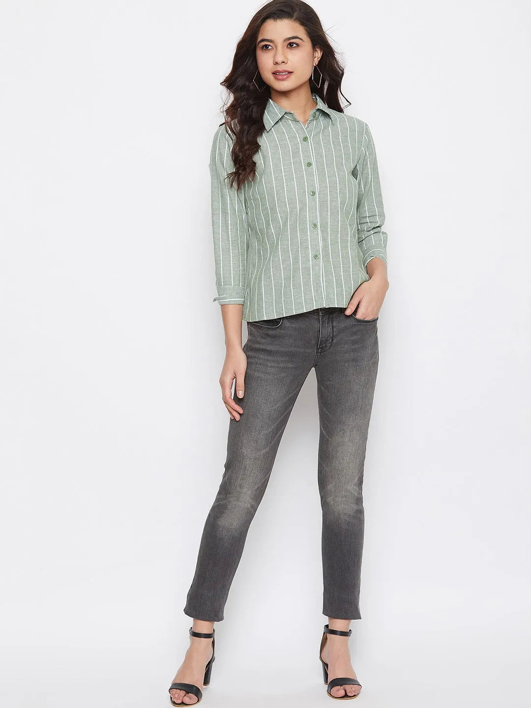 Women Formal Linen Green Even Striped Shirt - ModaLady