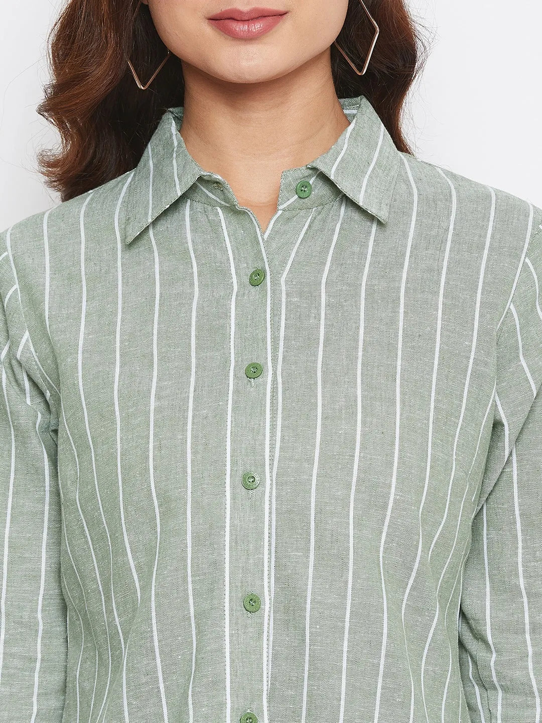 Women Formal Linen Green Even Striped Shirt - ModaLady